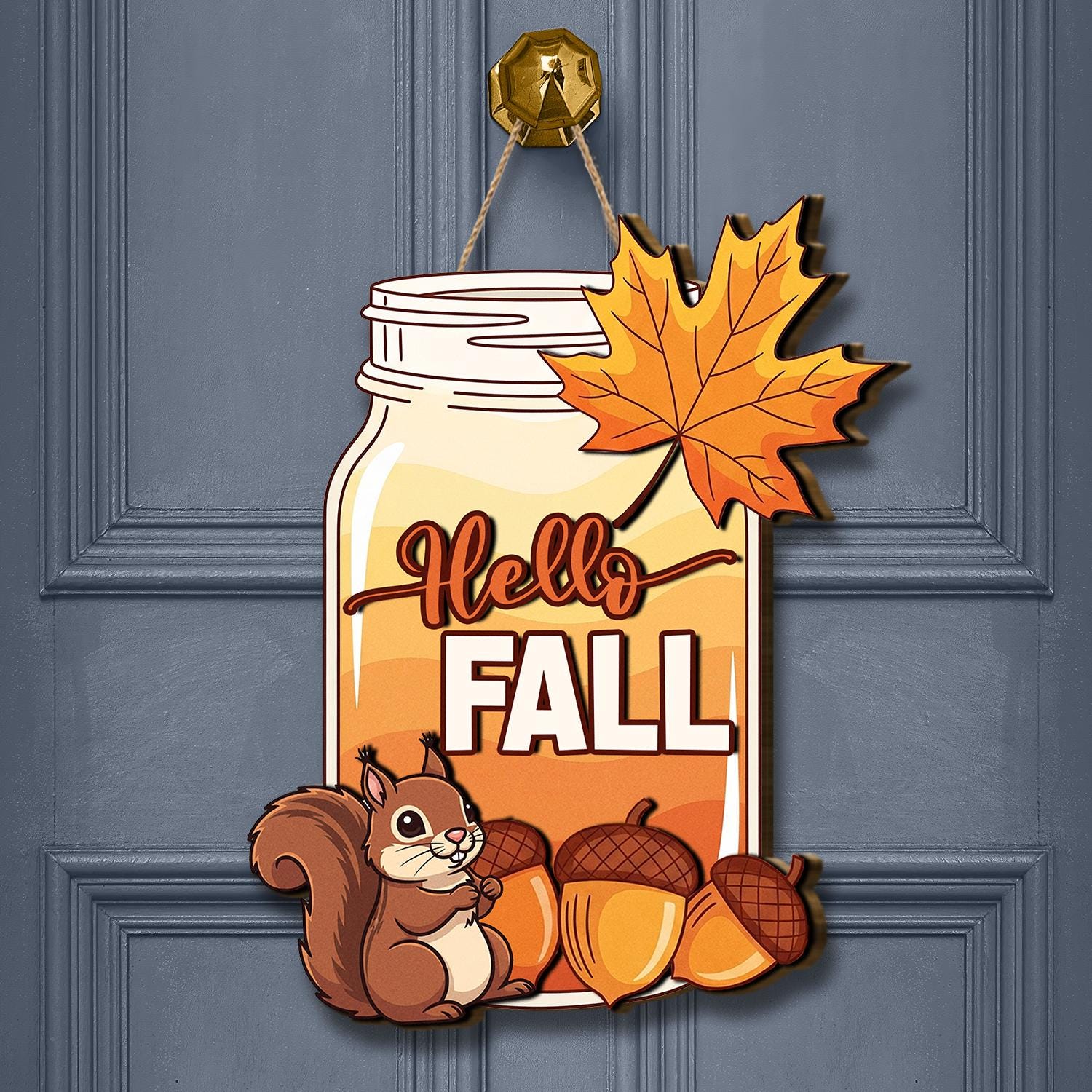 Wooden Jar “Hello Fall” Door Hanger with Squirrel & Acorns, Rustic Autumn Porch Sign, Fall Welcome Decoration, Door Hanger Fall Season Gift