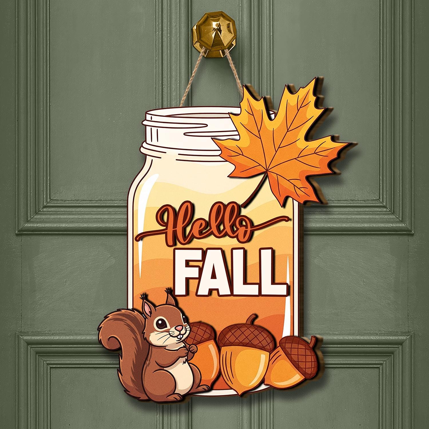 Wooden Jar “Hello Fall” Door Hanger with Squirrel & Acorns, Rustic Autumn Porch Sign, Fall Welcome Decoration, Door Hanger Fall Season Gift