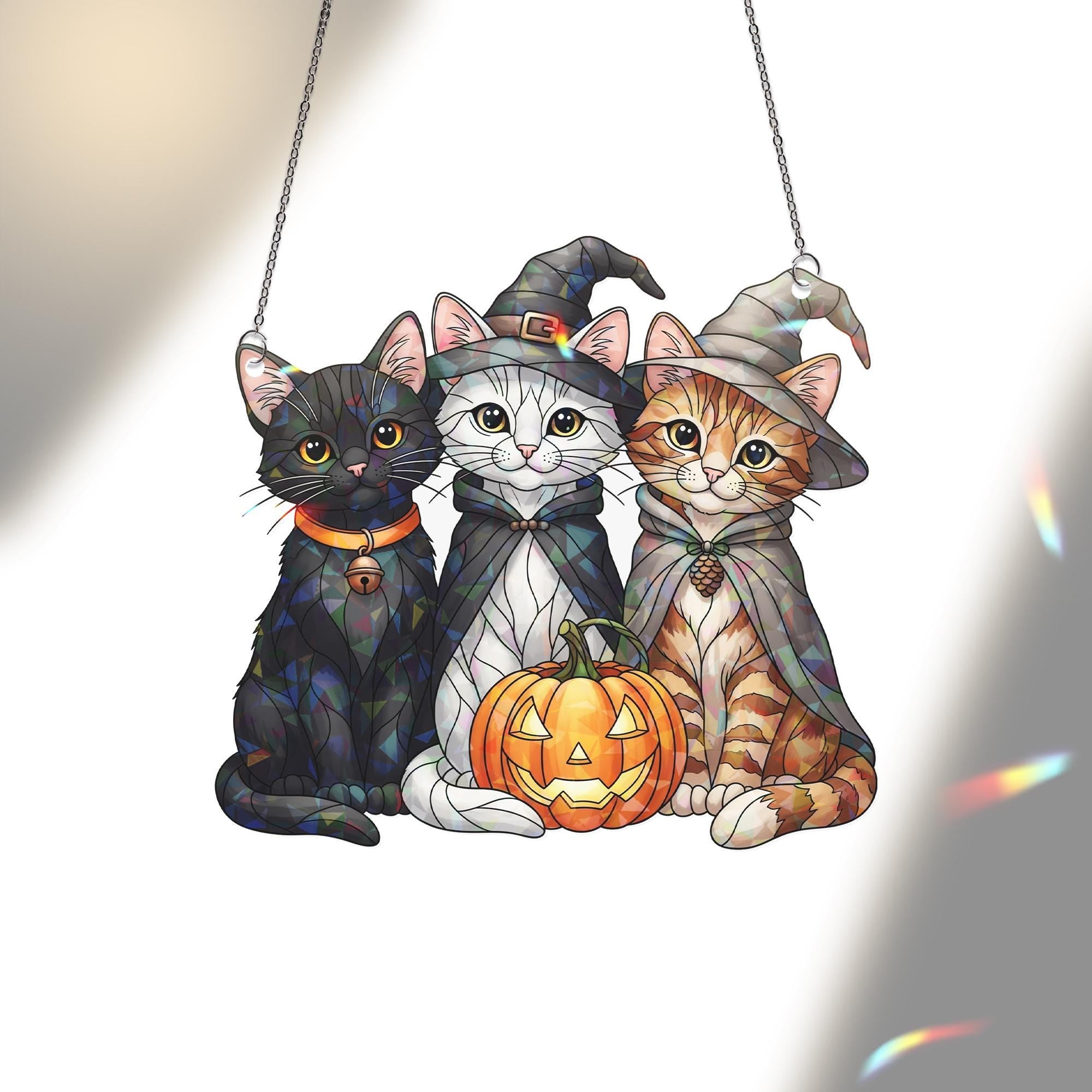 Witch Cats Holographic Window Hanging – Halloween Pumpkin Sun Catcher, Black Cat Witch Hat Gothic Fall Window Decor