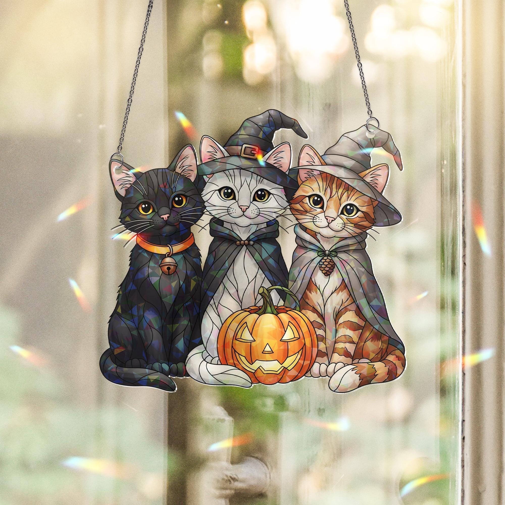 Witch Cats Holographic Window Hanging – Halloween Pumpkin Sun Catcher, Black Cat Witch Hat Gothic Fall Window Decor