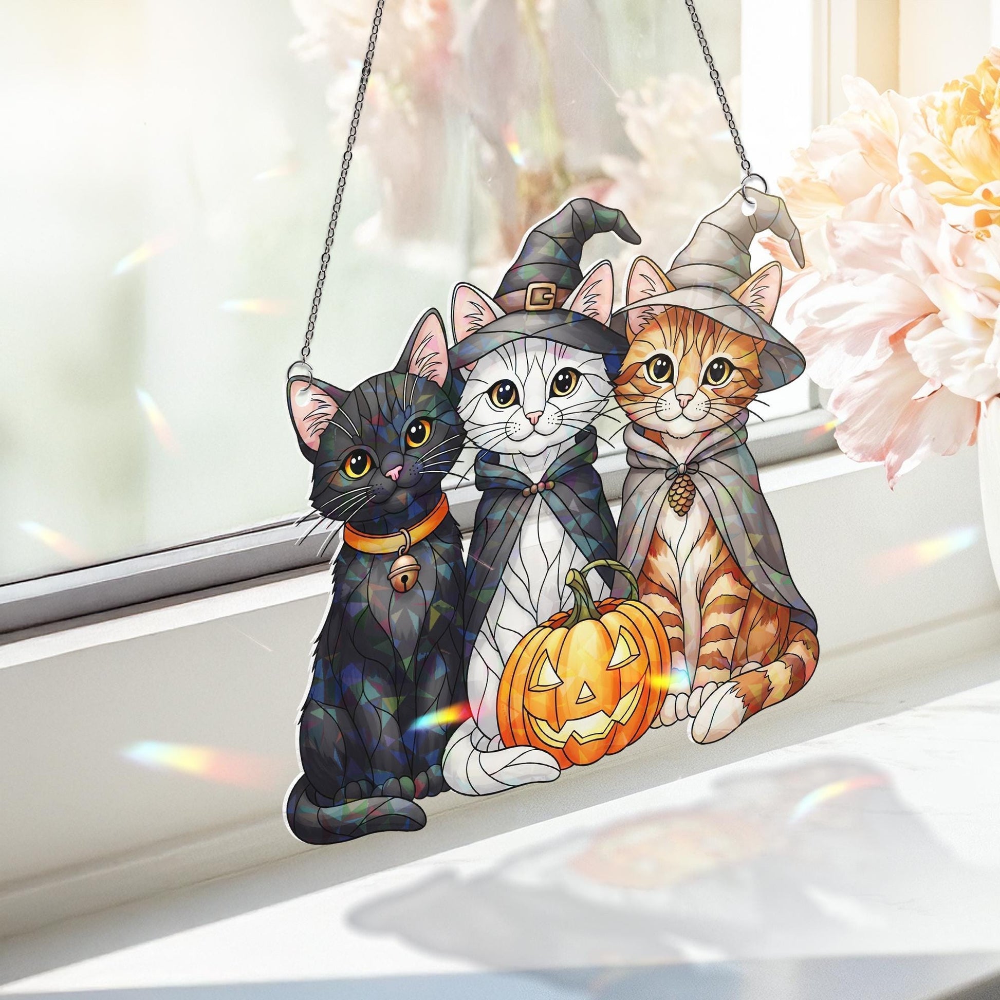 Witch Cats Holographic Window Hanging – Halloween Pumpkin Sun Catcher, Black Cat Witch Hat Gothic Fall Window Decor