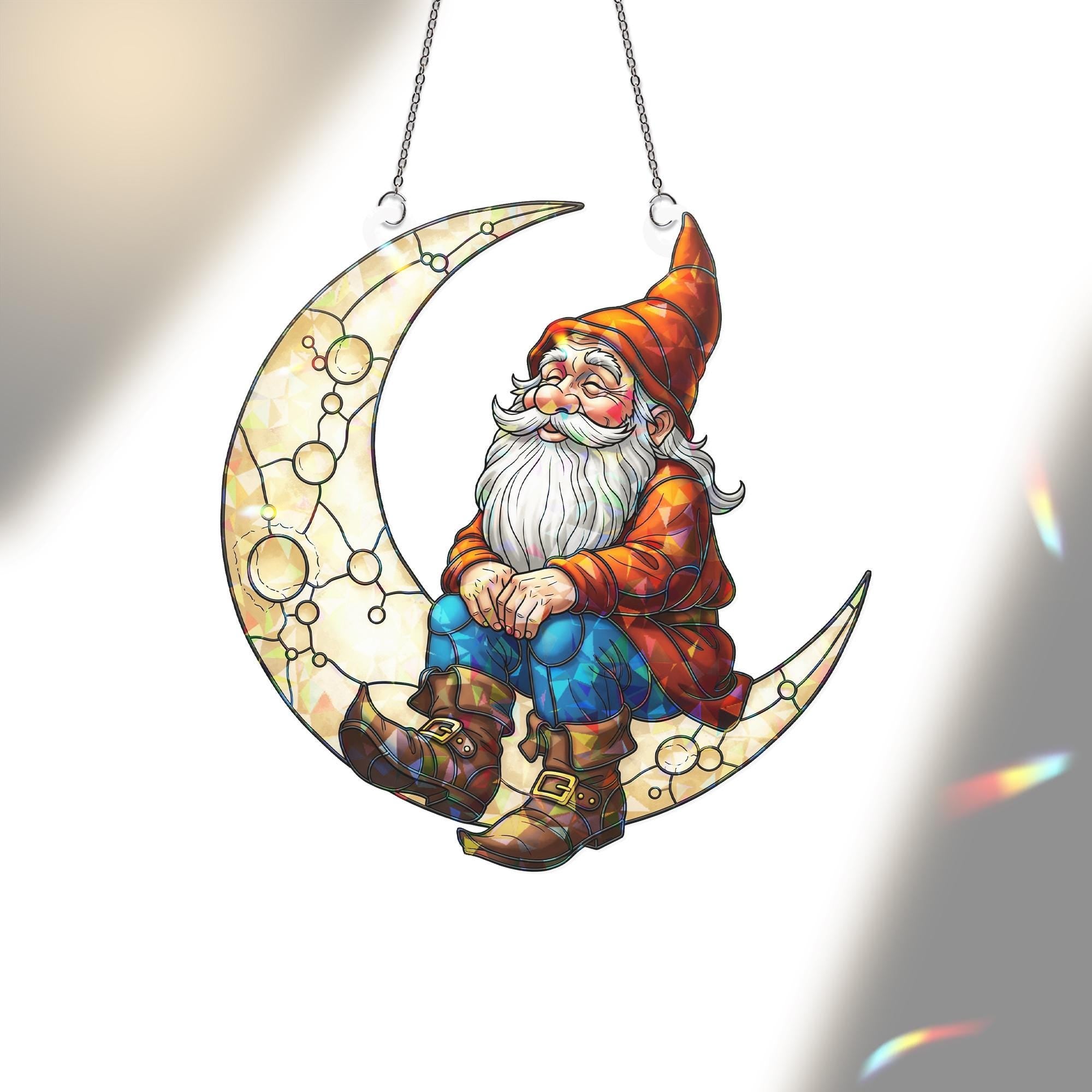 Gnome on Crescent Moon Holographic Window Hanging – Fantasy Garden Sun Catcher, Whimsical Gnome Night Sky Window Decor