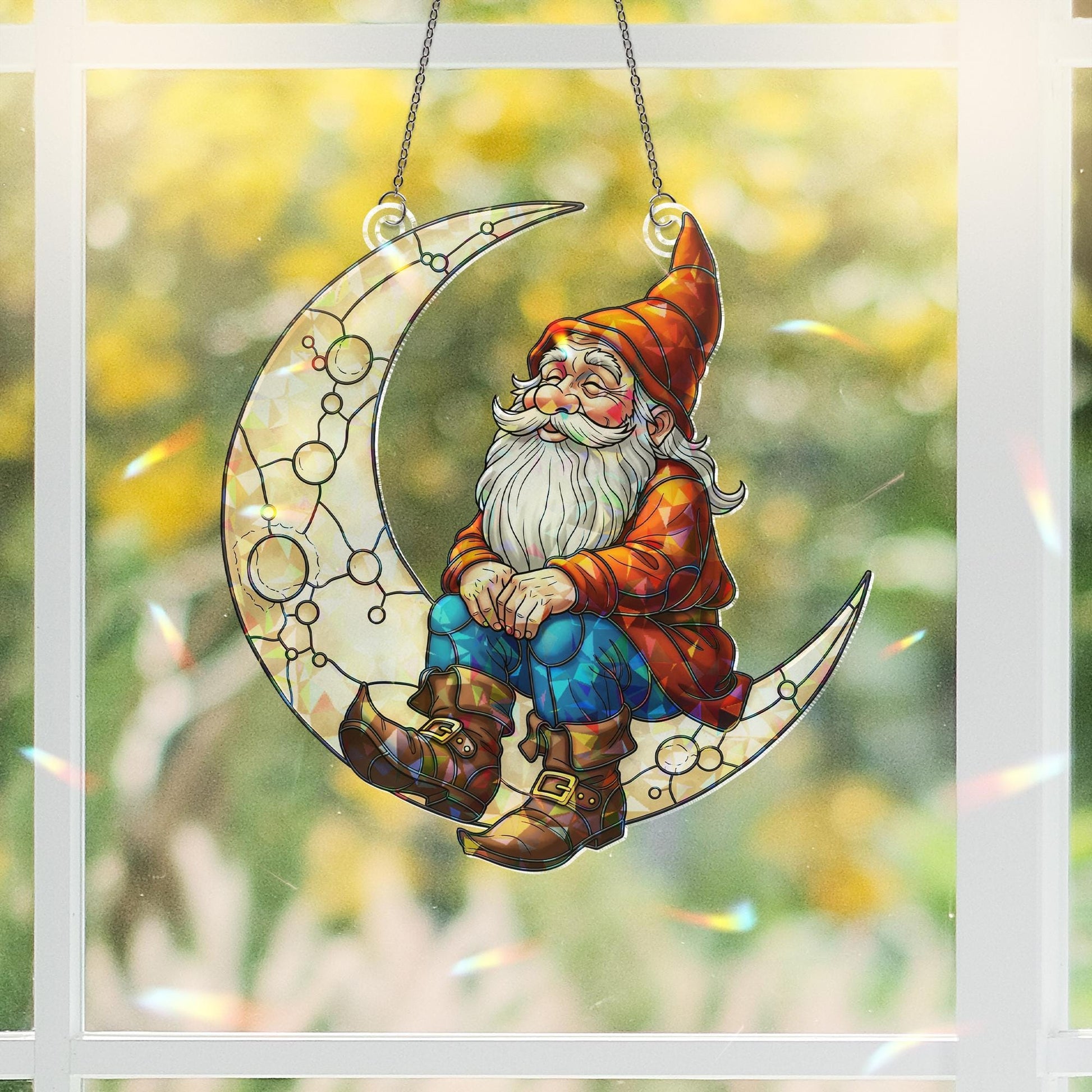 Gnome on Crescent Moon Holographic Window Hanging – Fantasy Garden Sun Catcher, Whimsical Gnome Night Sky Window Decor