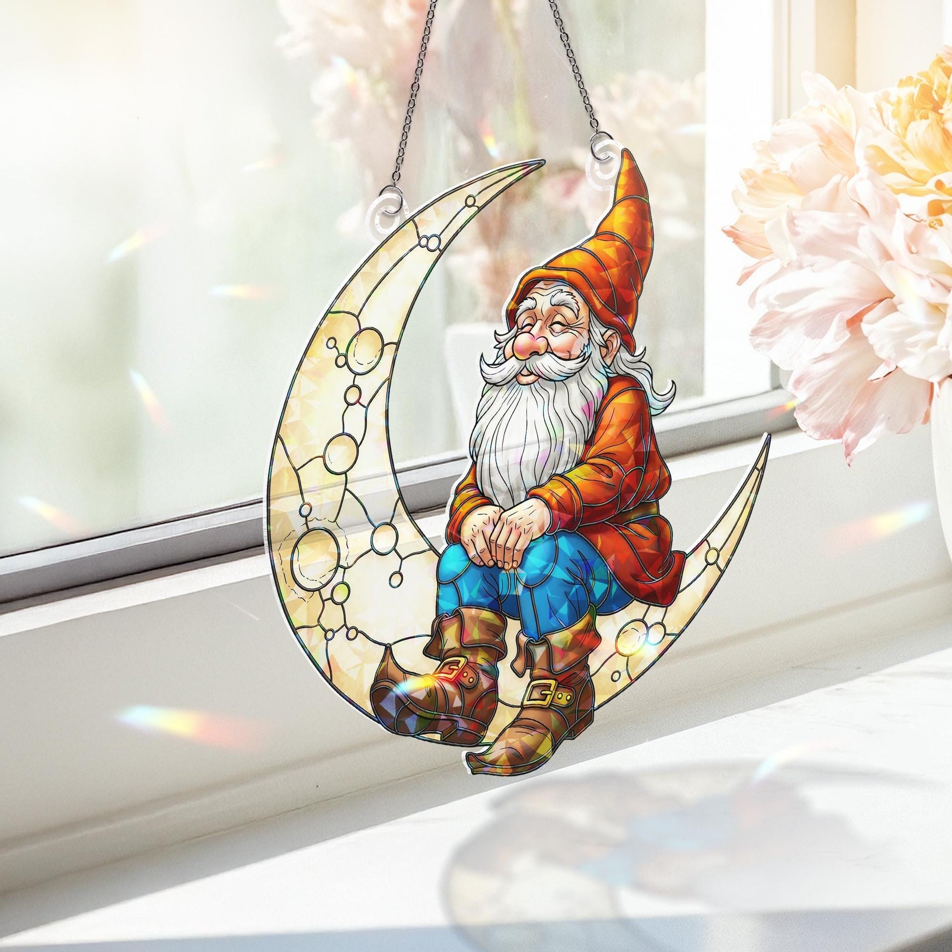 Gnome on Crescent Moon Holographic Window Hanging – Fantasy Garden Sun Catcher, Whimsical Gnome Night Sky Window Decor