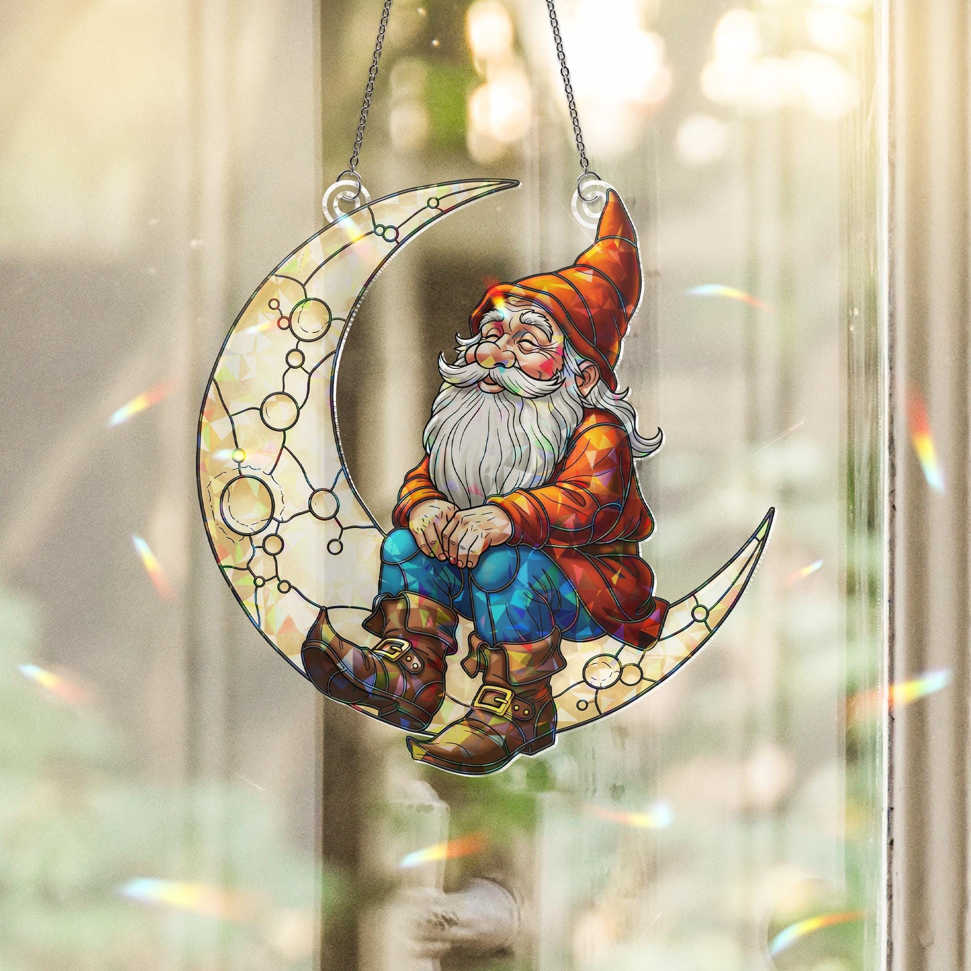 Gnome on Crescent Moon Holographic Window Hanging – Fantasy Garden Sun Catcher, Whimsical Gnome Night Sky Window Decor