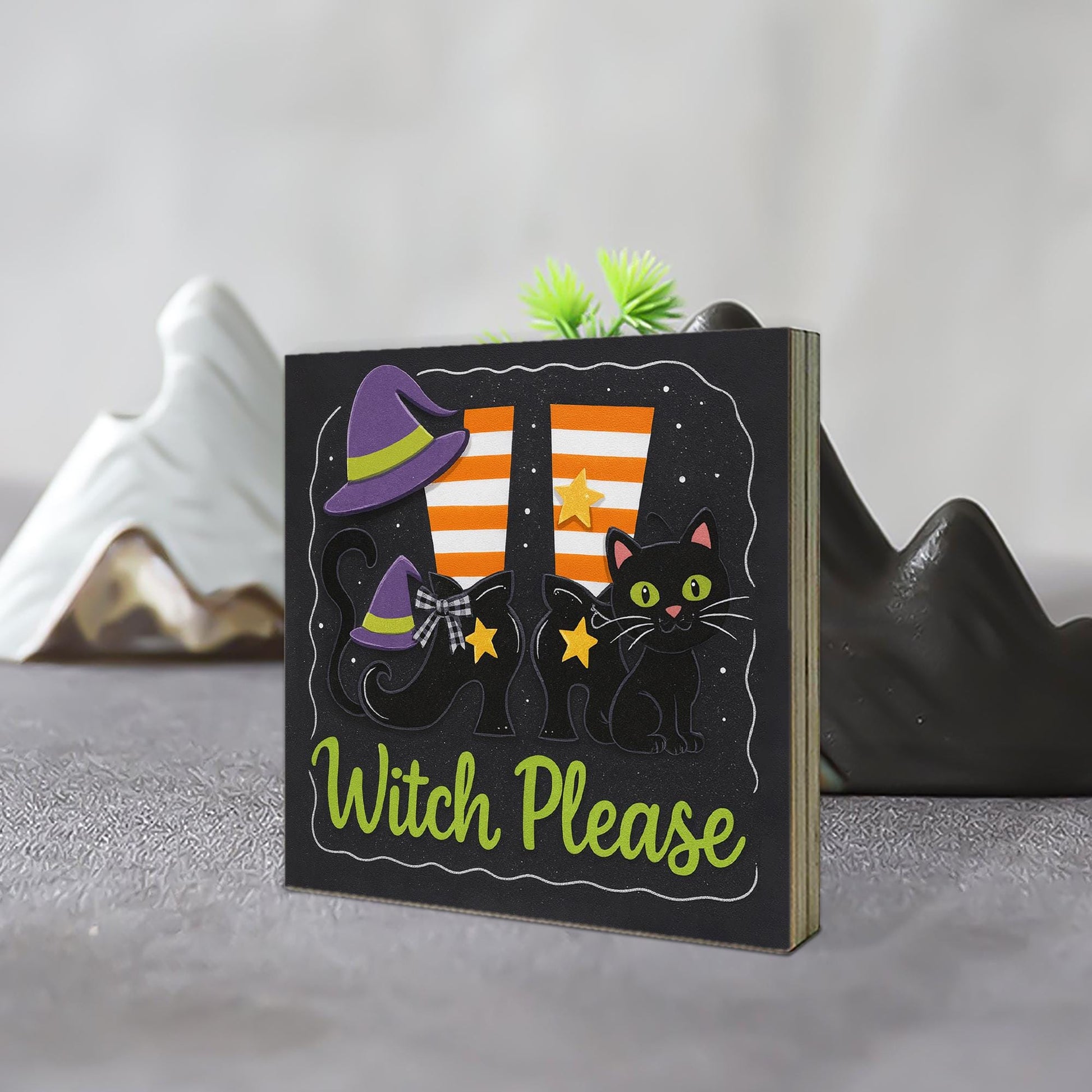 Witch Please Halloween Block Sign – Funny Wooden Witch Legs & Black Cat – Spooky Cute Decor for Fall decor