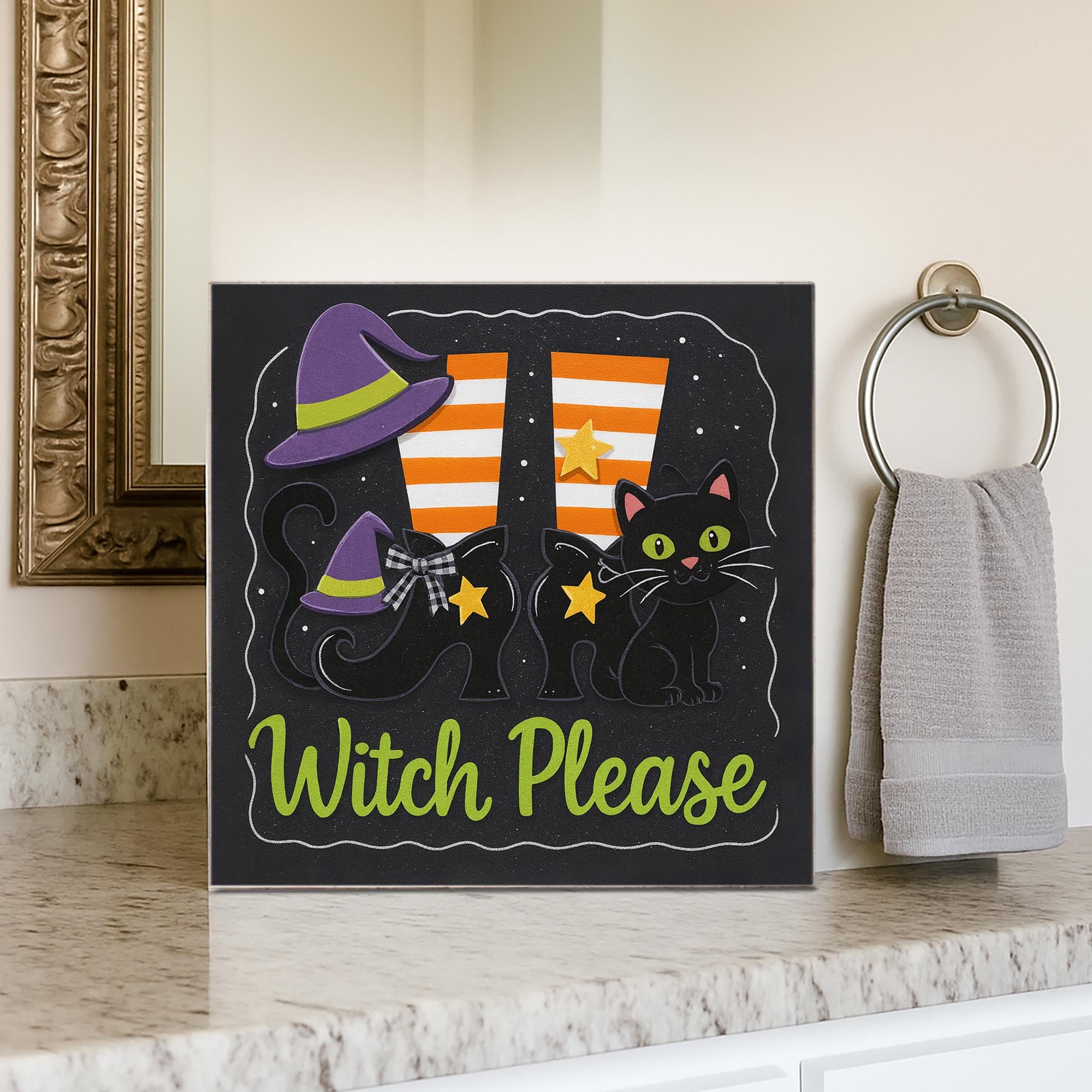 Witch Please Halloween Block Sign – Funny Wooden Witch Legs & Black Cat – Spooky Cute Decor for Fall decor