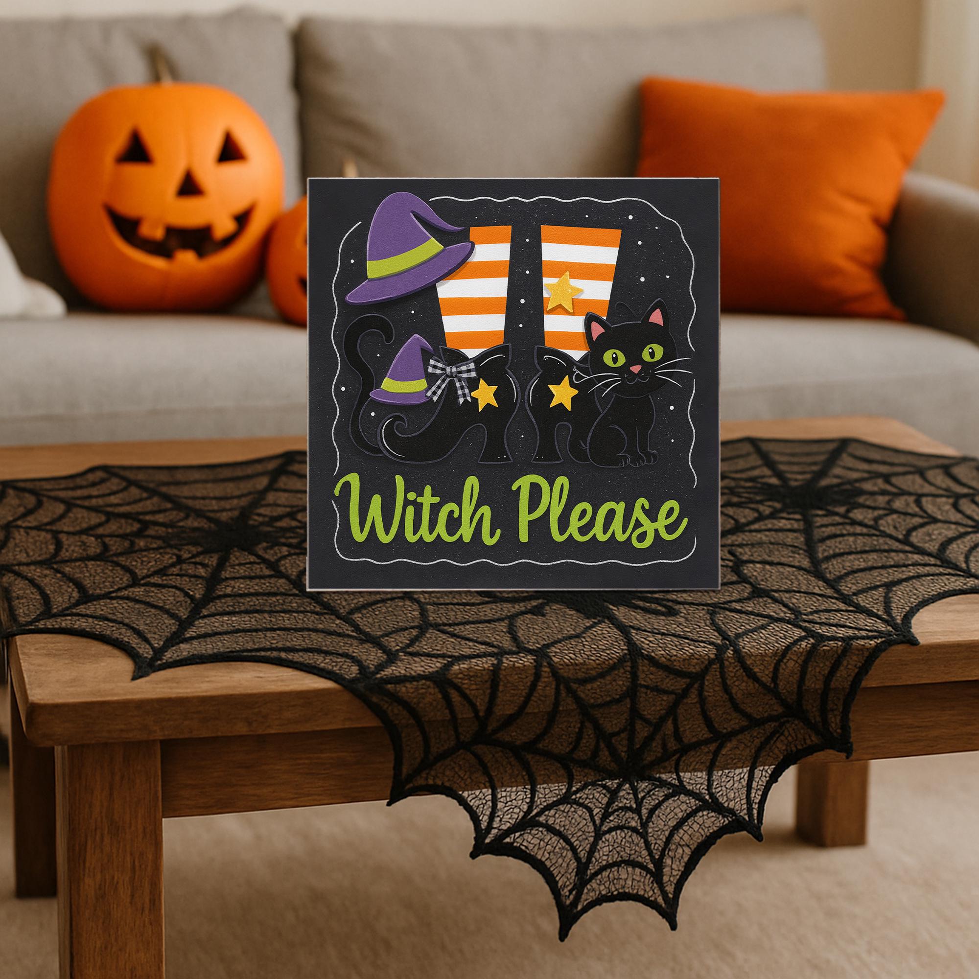 Witch Please Halloween Block Sign – Funny Wooden Witch Legs & Black Cat – Spooky Cute Decor for Fall decor