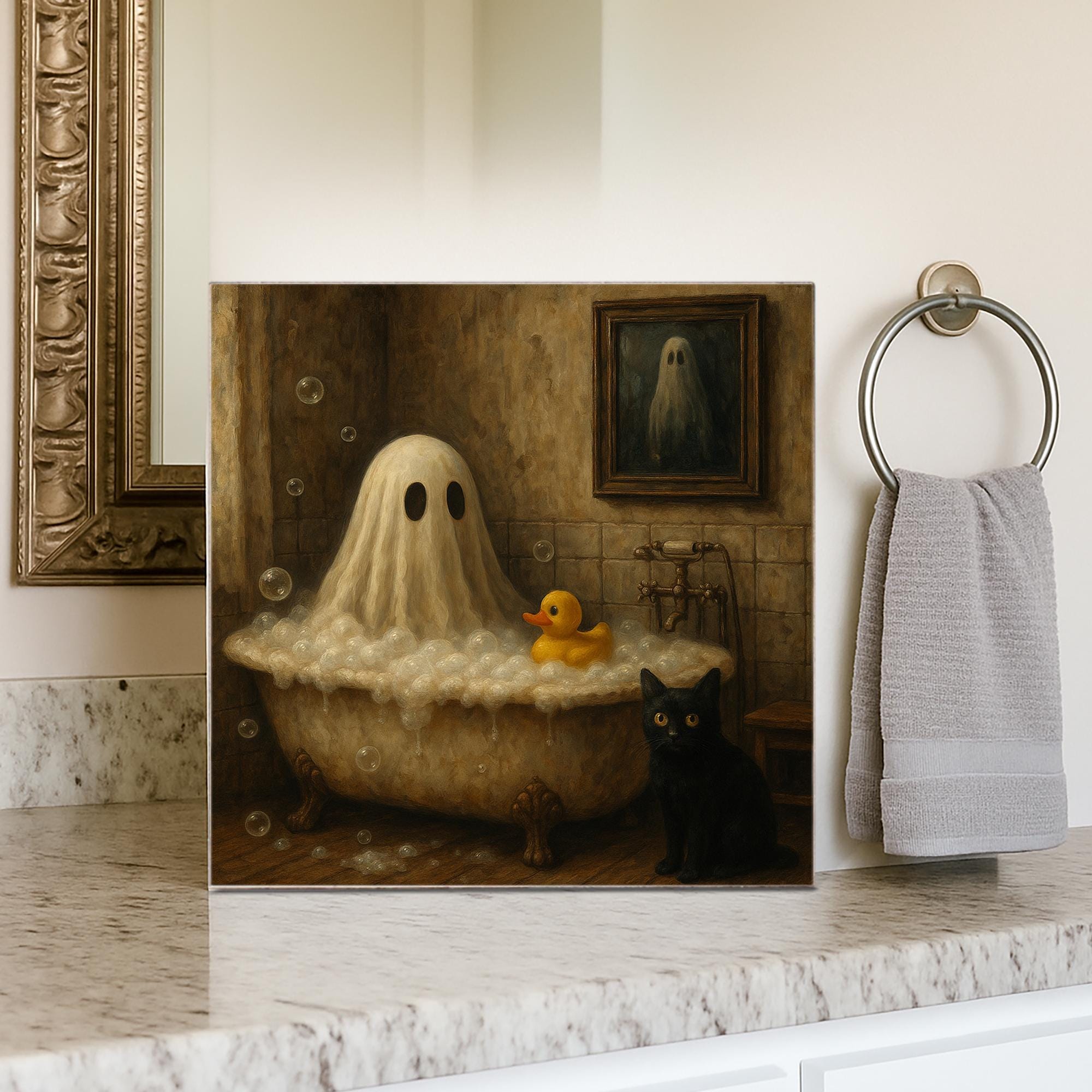 Bathtub Ghost Wood Block Sign – Funny Halloween Bathroom Decor with Cat & Rubber Duck – Spooky Cute sign for Fall Home