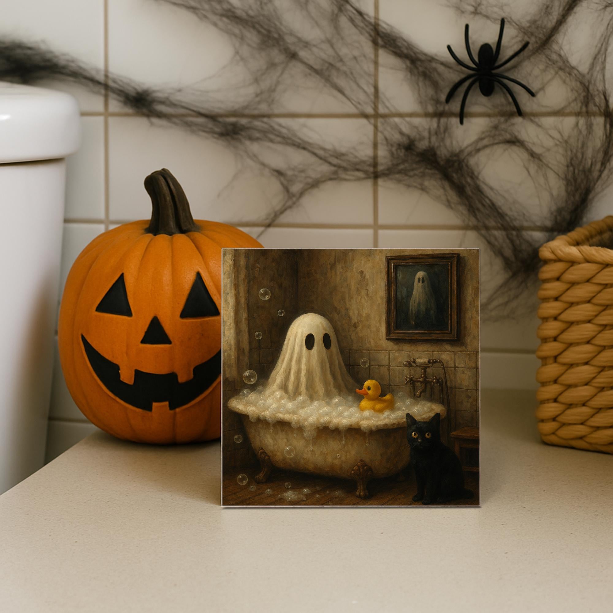 Bathtub Ghost Wood Block Sign – Funny Halloween Bathroom Decor with Cat & Rubber Duck – Spooky Cute sign for Fall Home