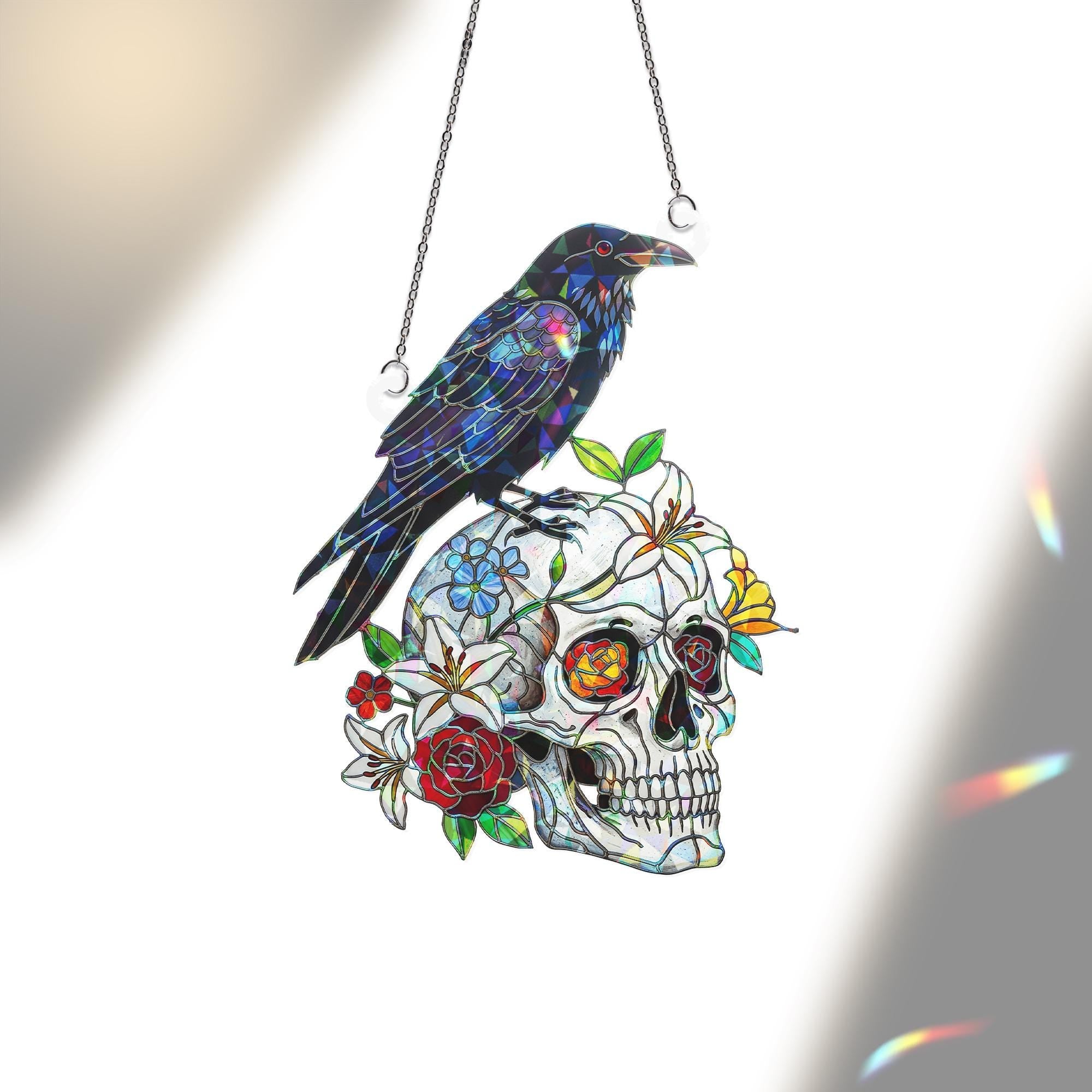 Raven & Skull Suncatcher – Holographic Acrylic Faux Stained Glass Window Decor – Gothic Crow and Floral Skull Halloween Hanging