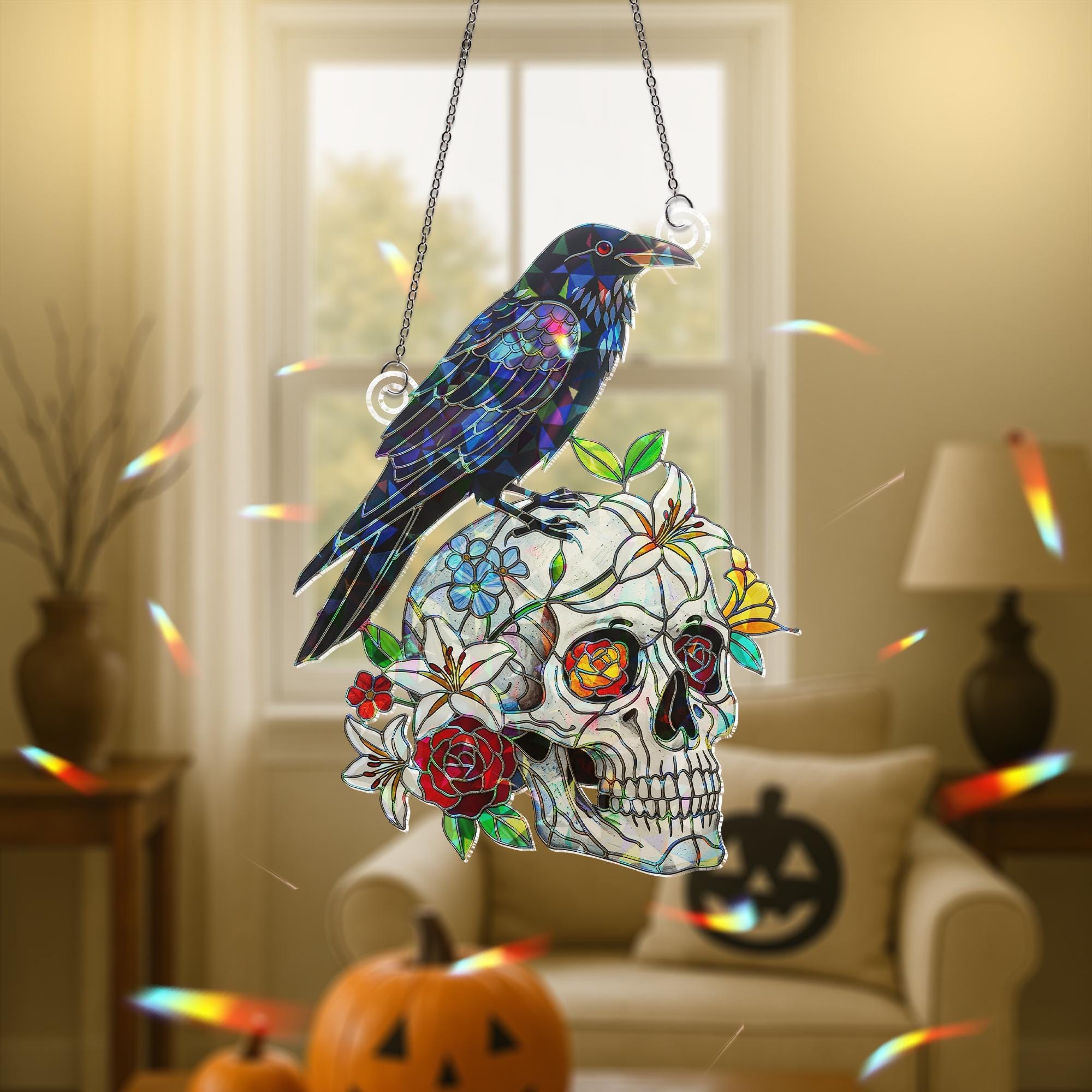Raven & Skull Suncatcher – Holographic Acrylic Faux Stained Glass Window Decor – Gothic Crow and Floral Skull Halloween Hanging