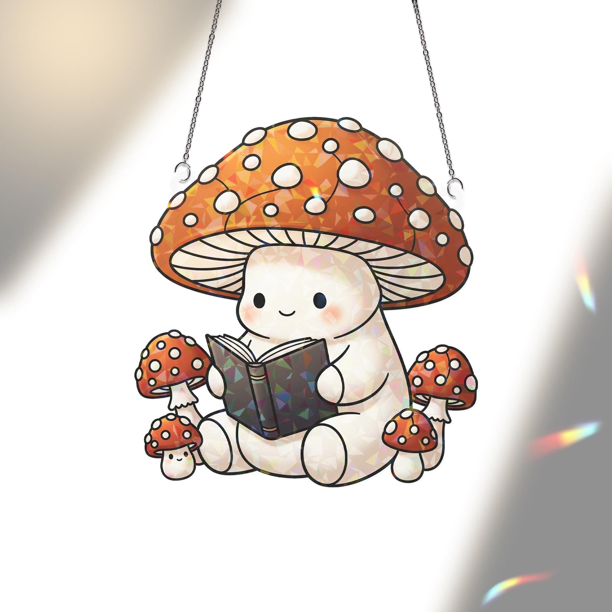 Reading Mushroom Holographic Window Hanging – Cute Toadstool Sun Catcher, Cottagecore Fairycore Mushroom Decor for Windows