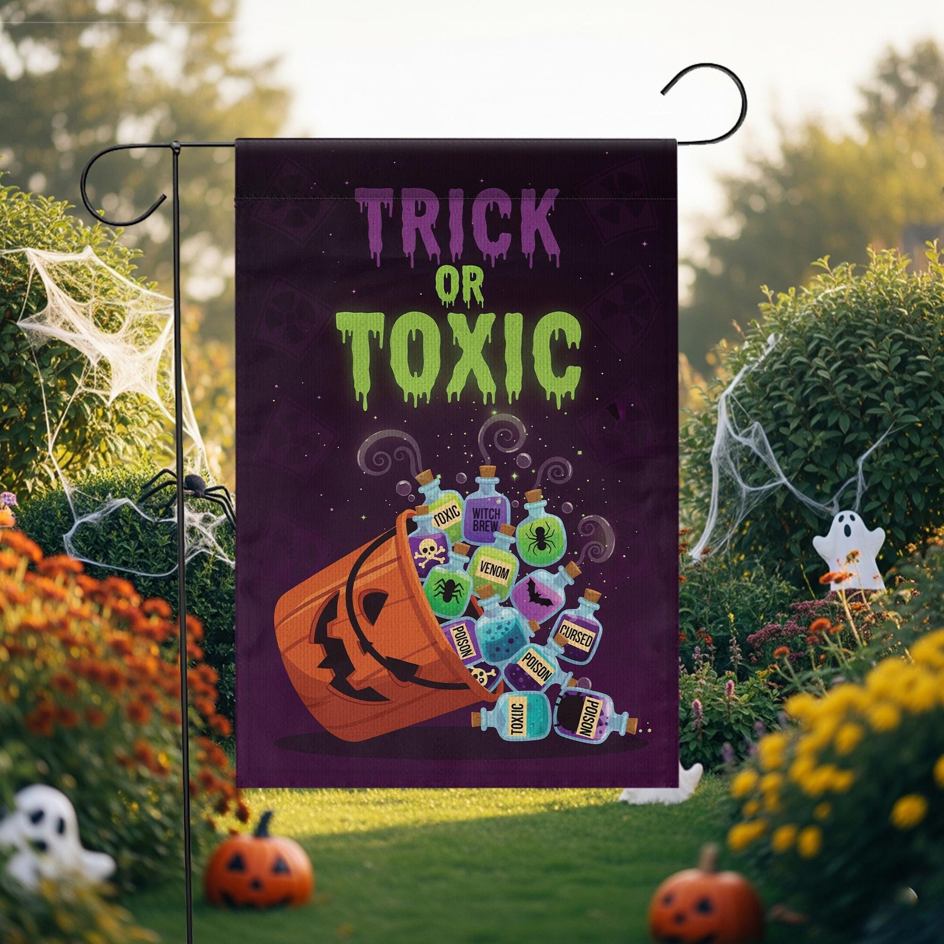 Trick or Toxic Halloween Garden Flag, Spooky Pumpkin Poison Bottle Yard Decor, Funny Outdoor Fall Decoration