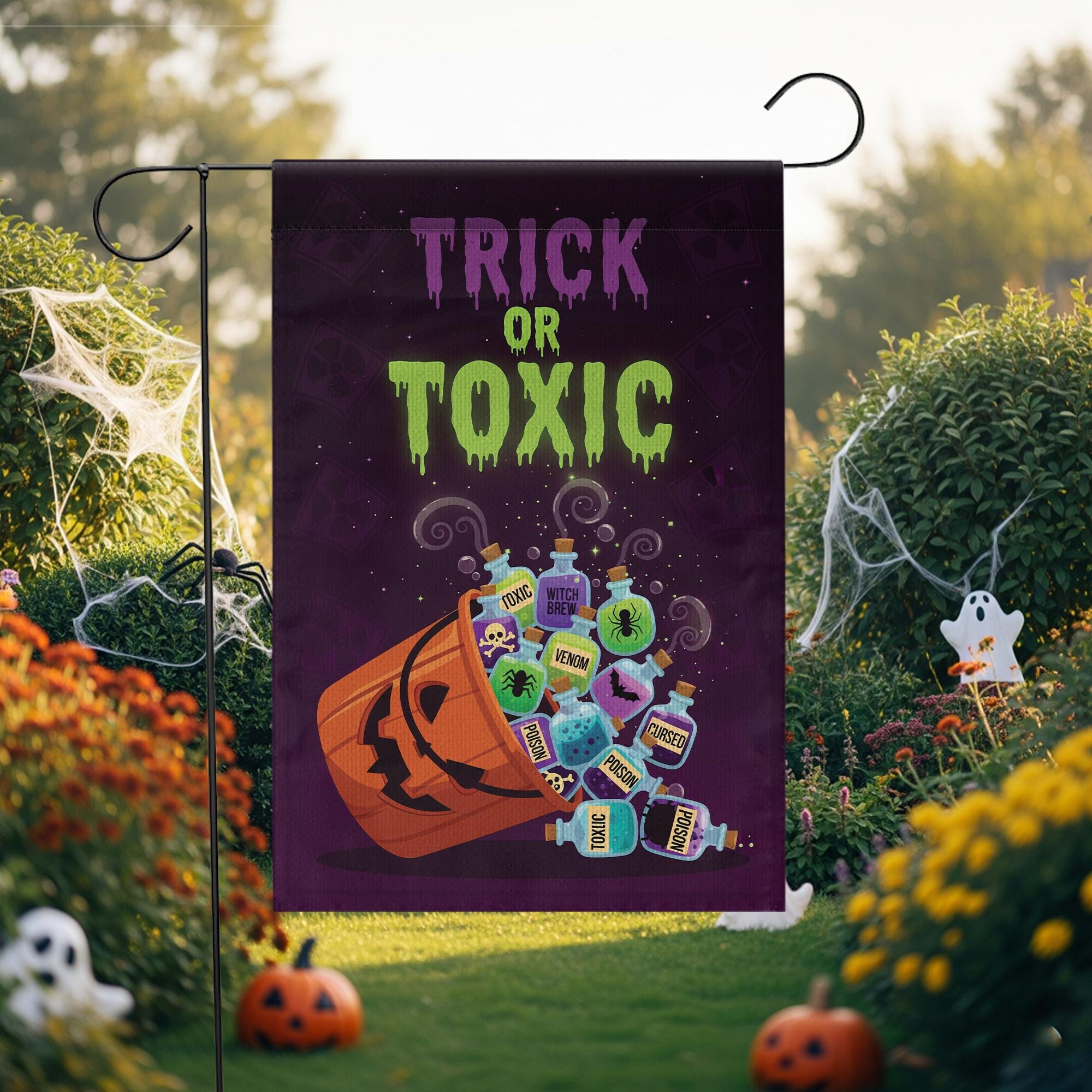 Trick or Toxic Halloween Garden Flag, Spooky Pumpkin Poison Bottle Yard Decor, Funny Outdoor Fall Decoration