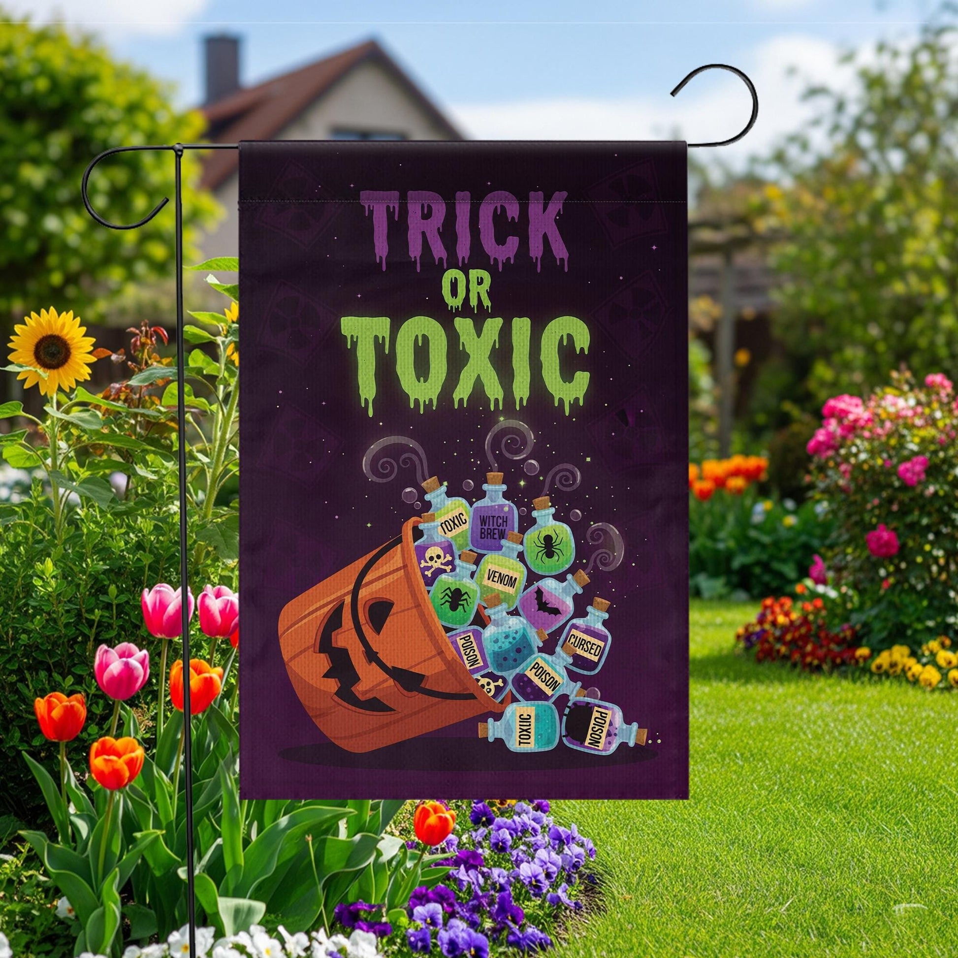 Trick or Toxic Halloween Garden Flag, Spooky Pumpkin Poison Bottle Yard Decor, Funny Outdoor Fall Decoration