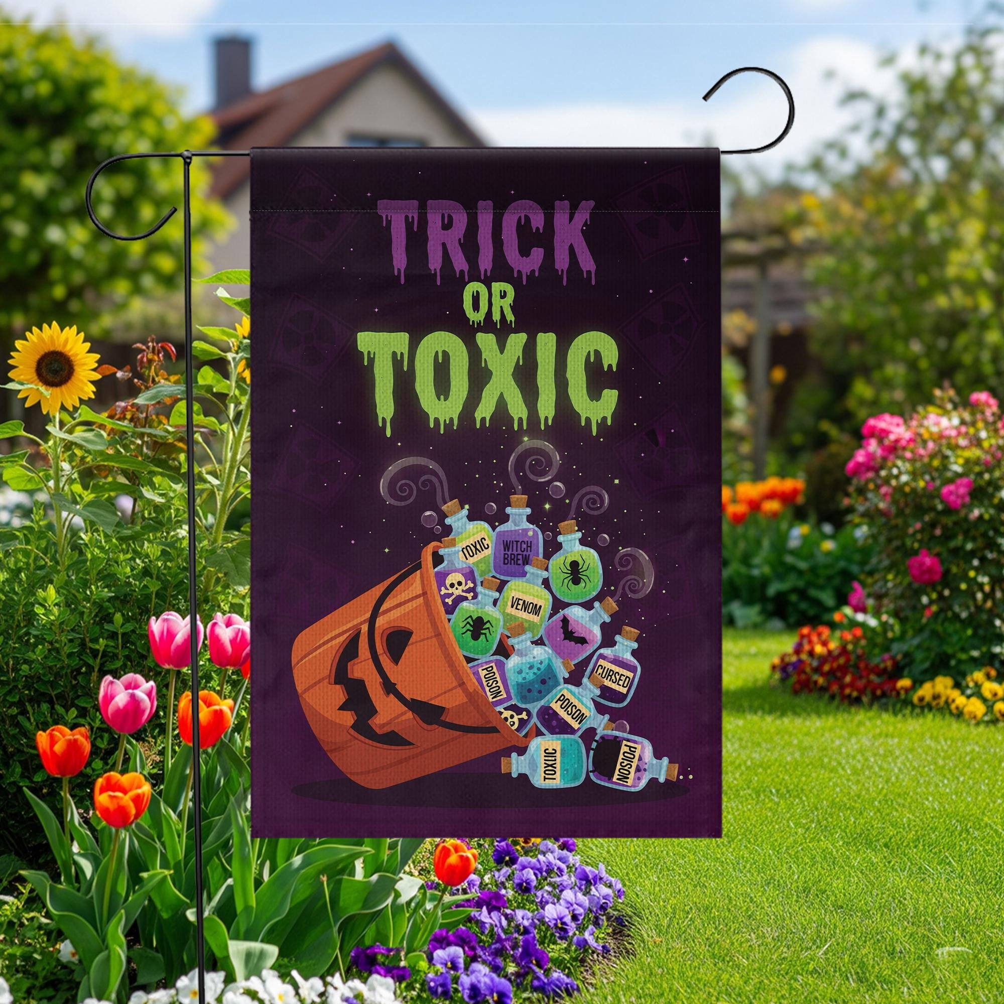 Trick or Toxic Halloween Garden Flag, Spooky Pumpkin Poison Bottle Yard Decor, Funny Outdoor Fall Decoration