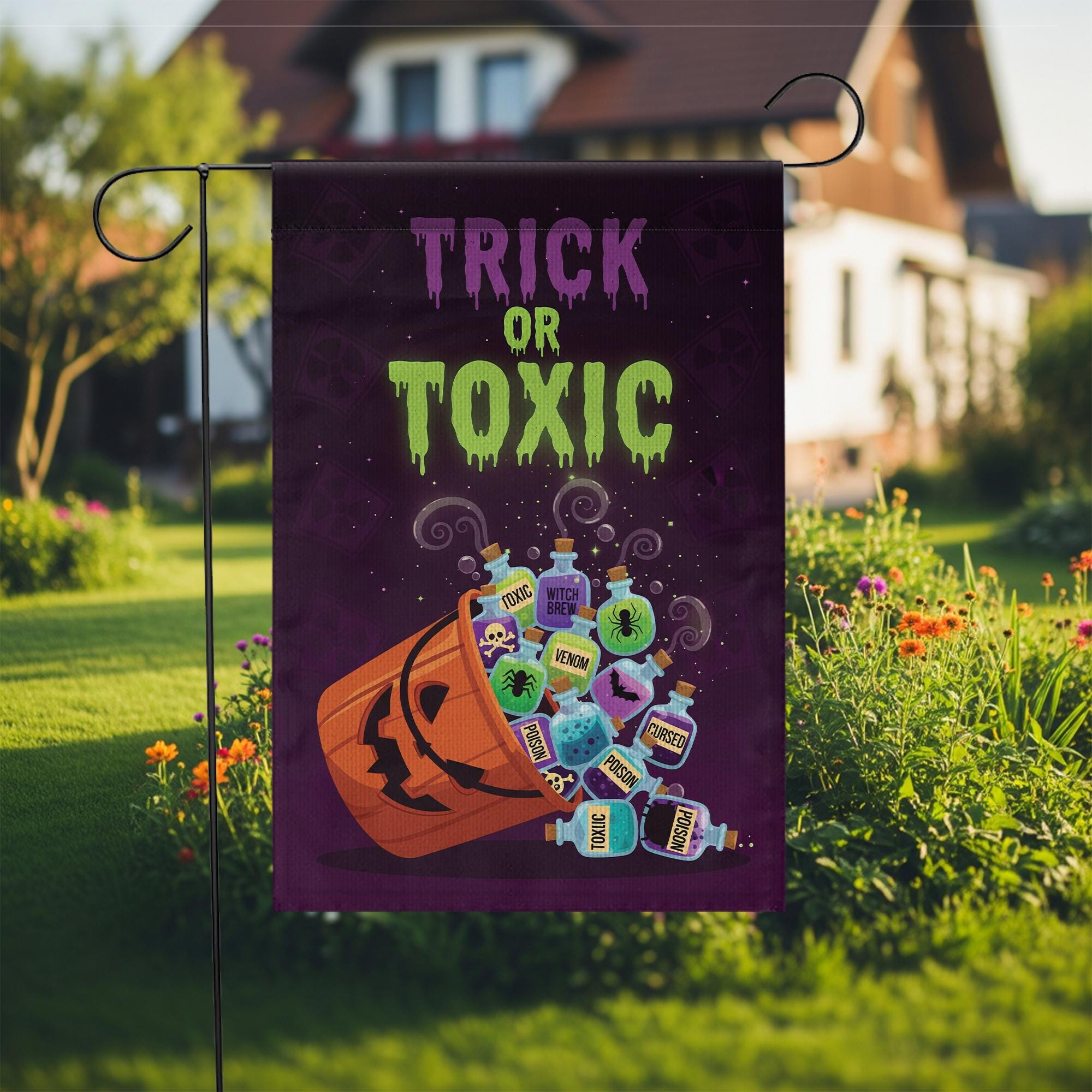 Trick or Toxic Halloween Garden Flag, Spooky Pumpkin Poison Bottle Yard Decor, Funny Outdoor Fall Decoration