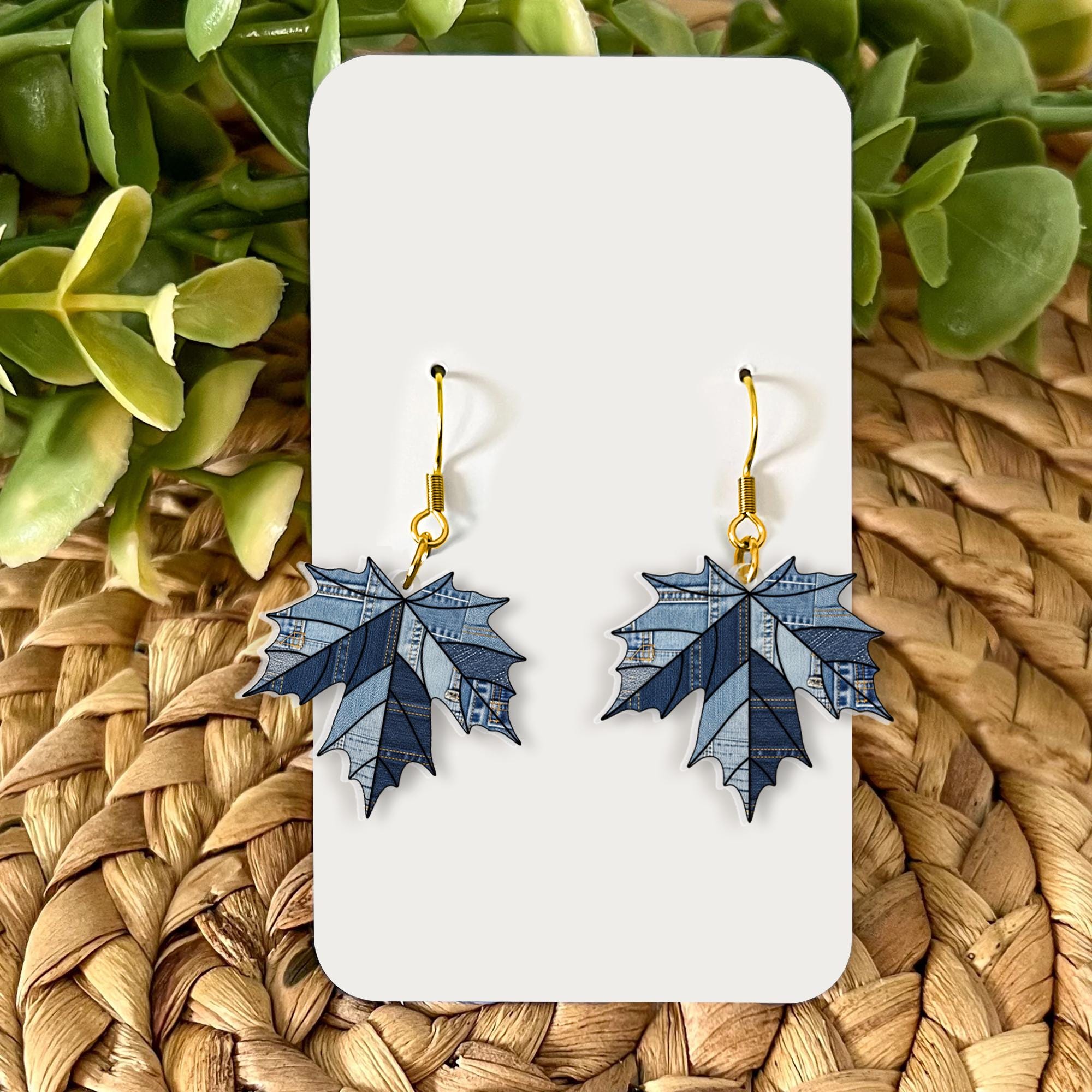 Denim Leaf Earrings – Blue Maple Leaf Drop Earrings, Fall Leaf Dangle Jewelry, Rustic Autumn Nature Earrings for Women