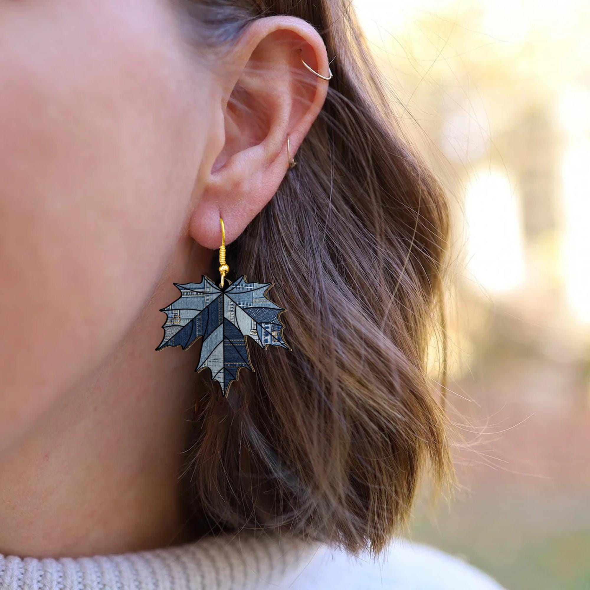 Denim Leaf Earrings – Blue Maple Leaf Drop Earrings, Fall Leaf Dangle Jewelry, Rustic Autumn Nature Earrings for Women