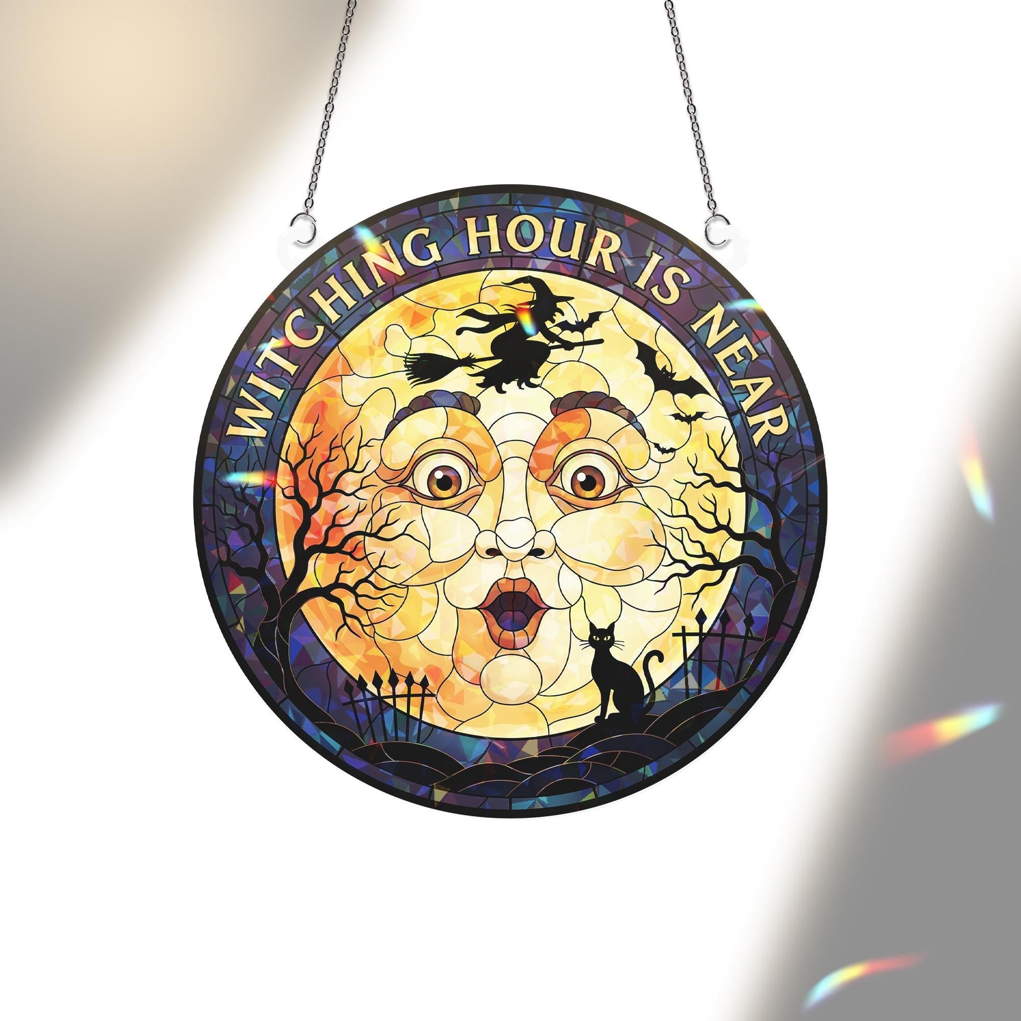 Witching Hour Is Near Stained Glass Suncatcher, Halloween Moon and Witch Window Hanging, Spooky Black Cat Decor