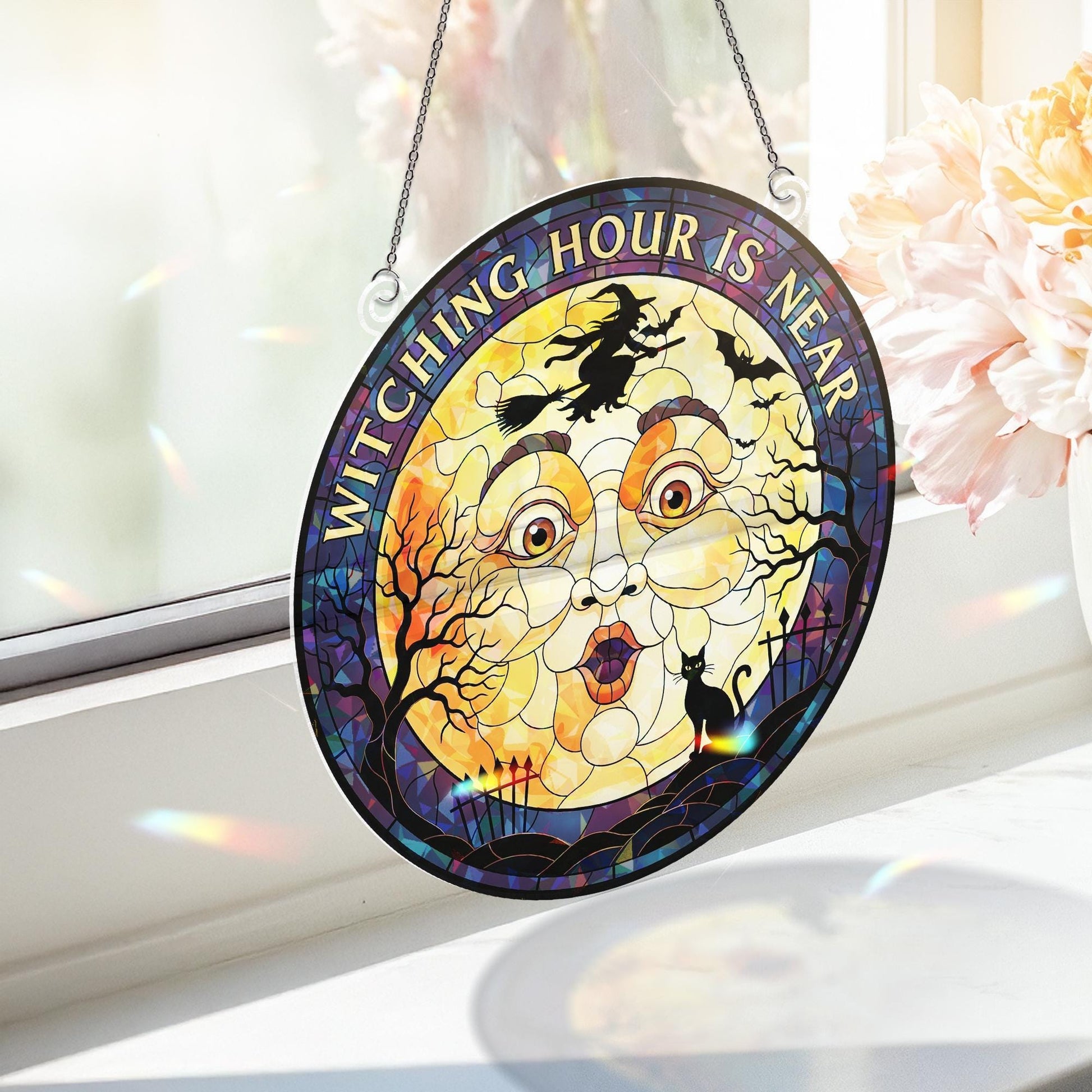 Witching Hour Is Near Stained Glass Suncatcher, Halloween Moon and Witch Window Hanging, Spooky Black Cat Decor