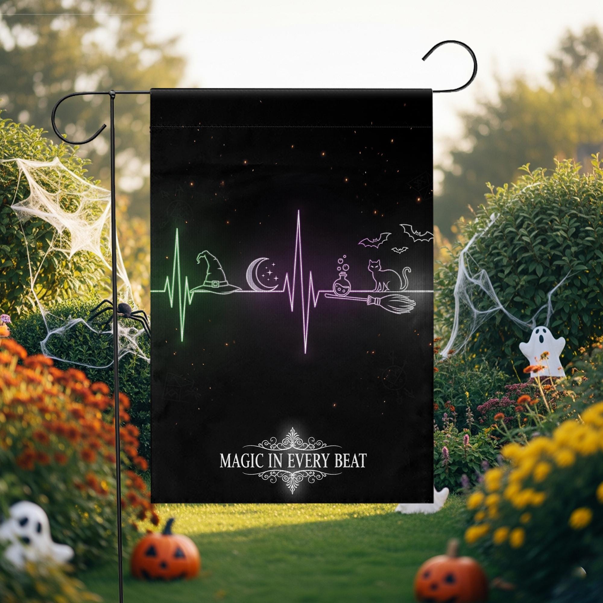 Magic in Every Beat Halloween Garden Flag, Witch Heartbeat Outdoor Yard Decor, Spooky Black Cat and Broomstick Flag
