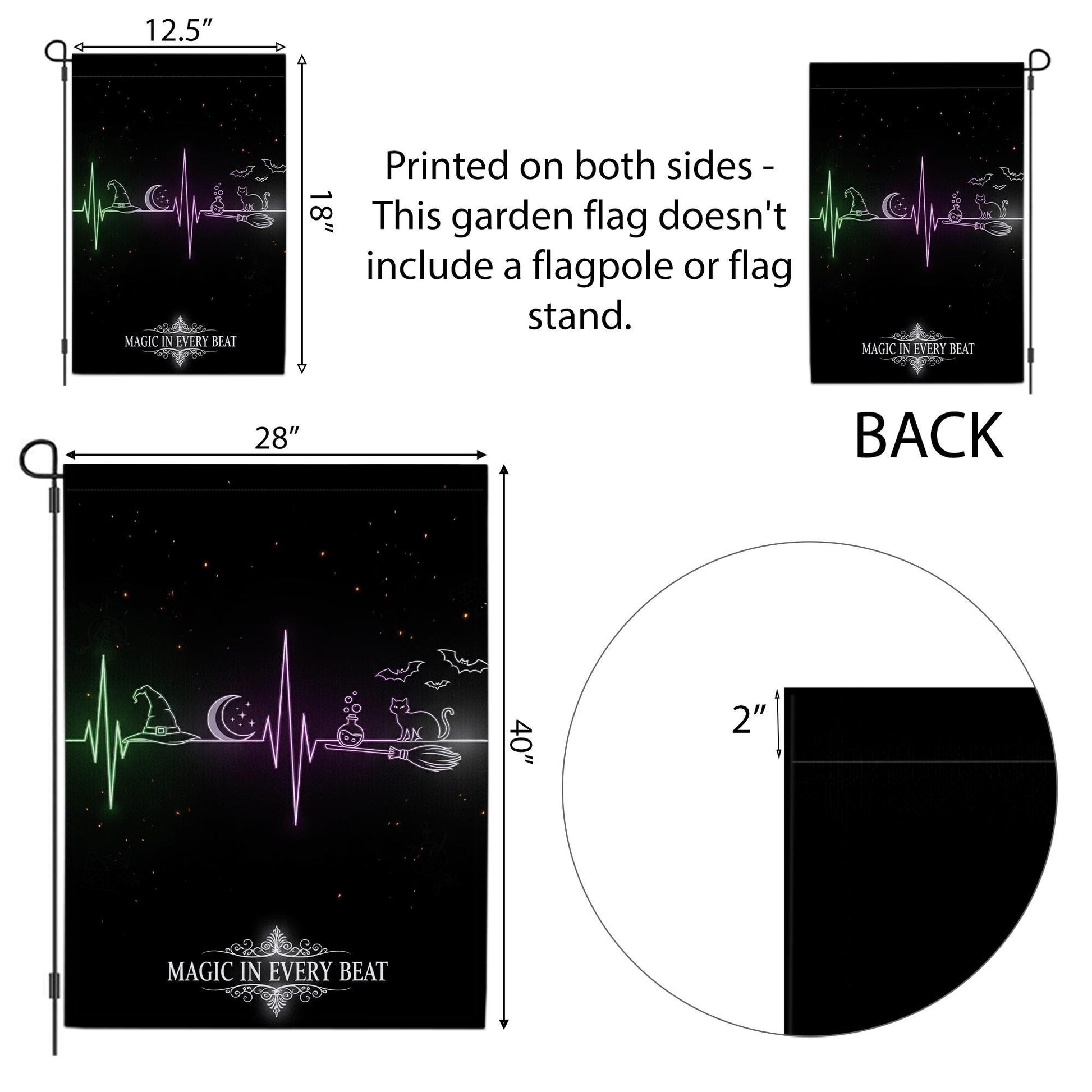 Magic in Every Beat Halloween Garden Flag, Witch Heartbeat Outdoor Yard Decor, Spooky Black Cat and Broomstick Flag
