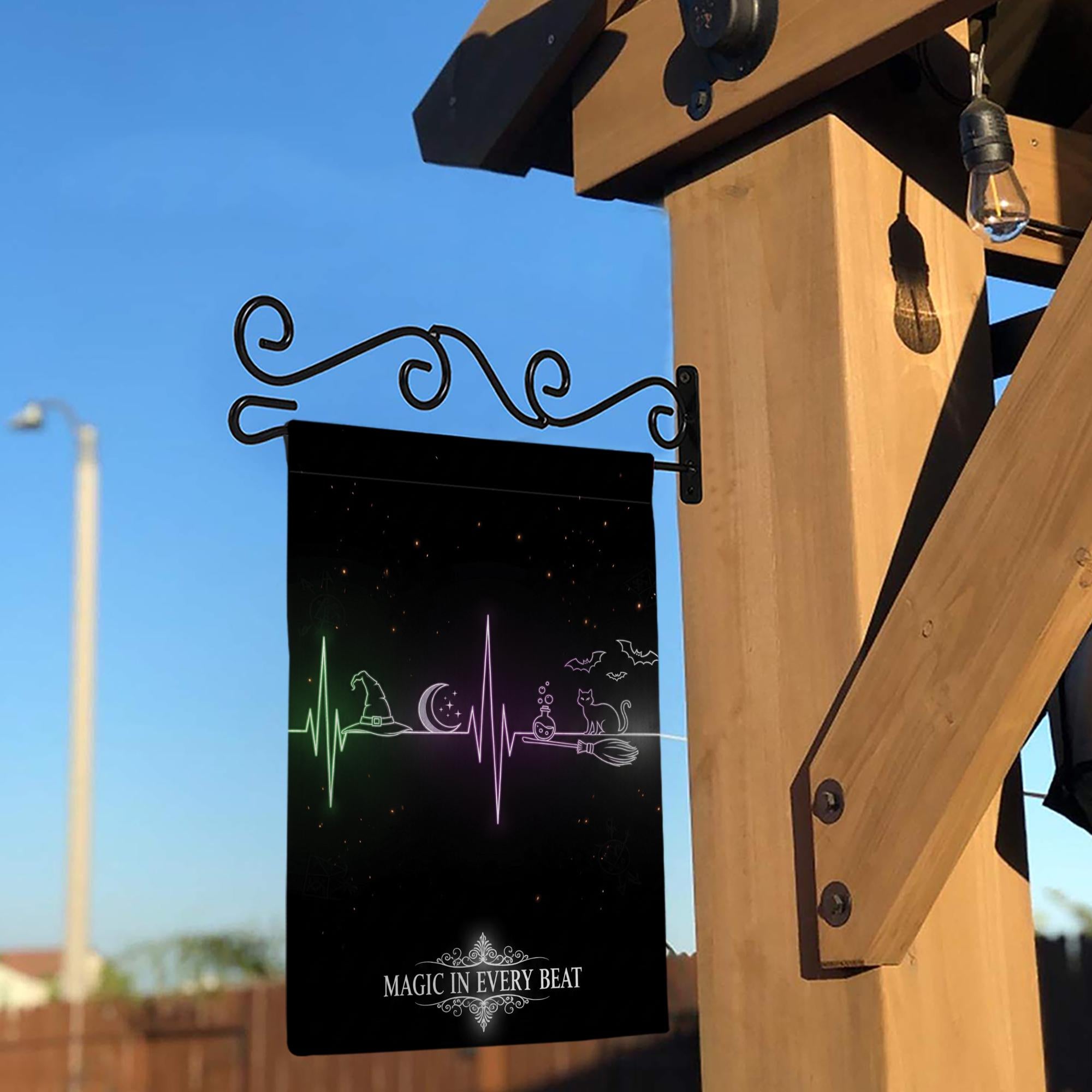 Magic in Every Beat Halloween Garden Flag, Witch Heartbeat Outdoor Yard Decor, Spooky Black Cat and Broomstick Flag