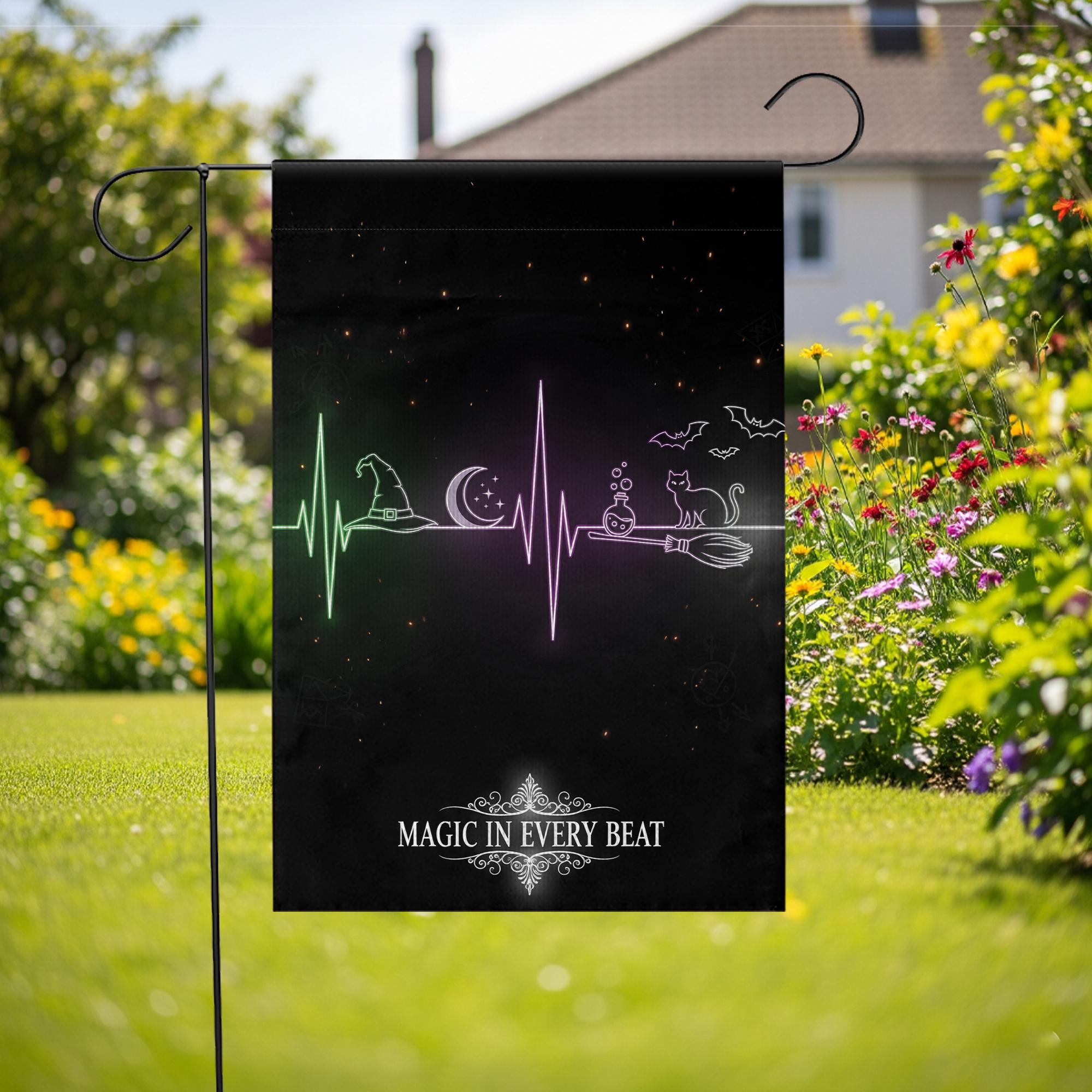 Magic in Every Beat Halloween Garden Flag, Witch Heartbeat Outdoor Yard Decor, Spooky Black Cat and Broomstick Flag