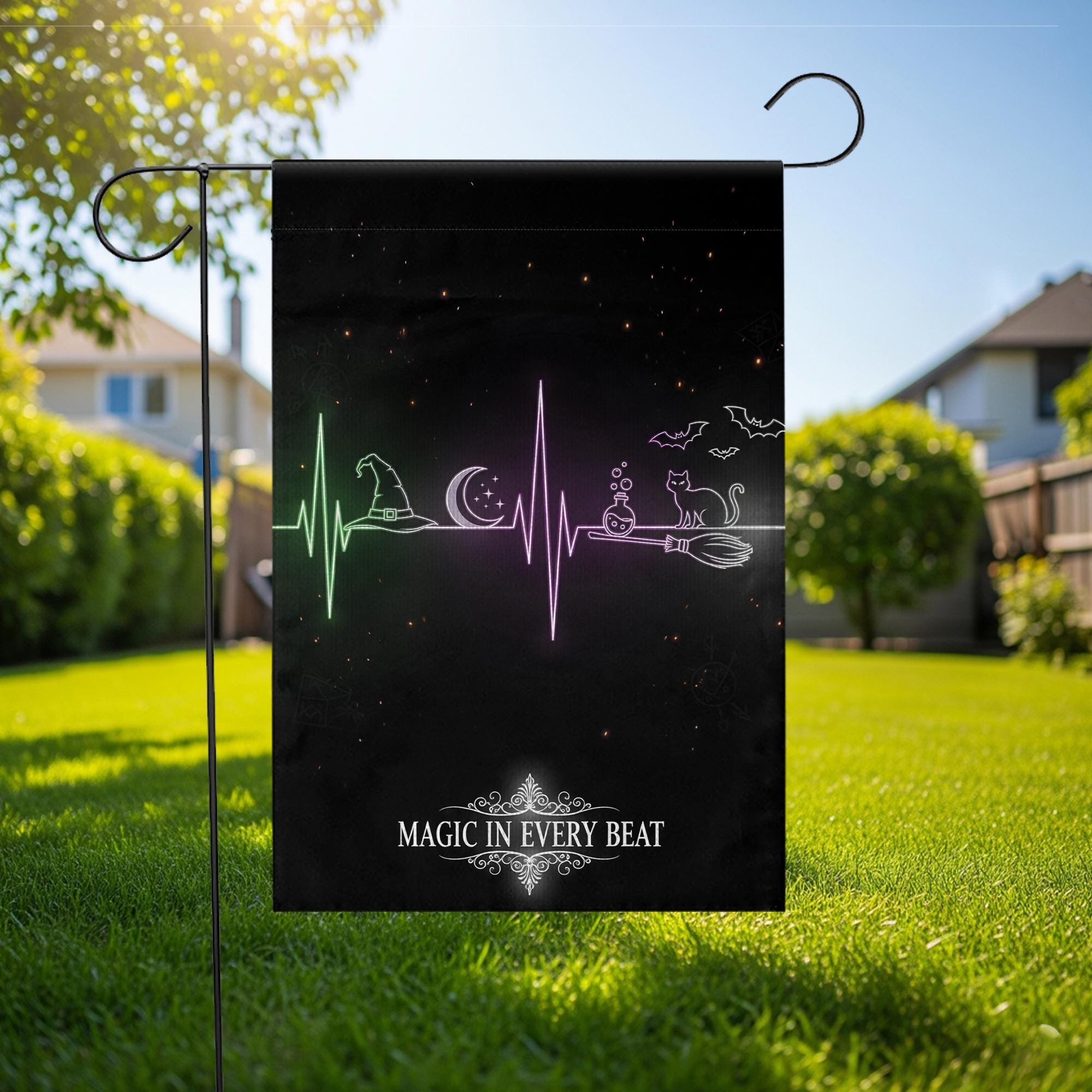 Magic in Every Beat Halloween Garden Flag, Witch Heartbeat Outdoor Yard Decor, Spooky Black Cat and Broomstick Flag
