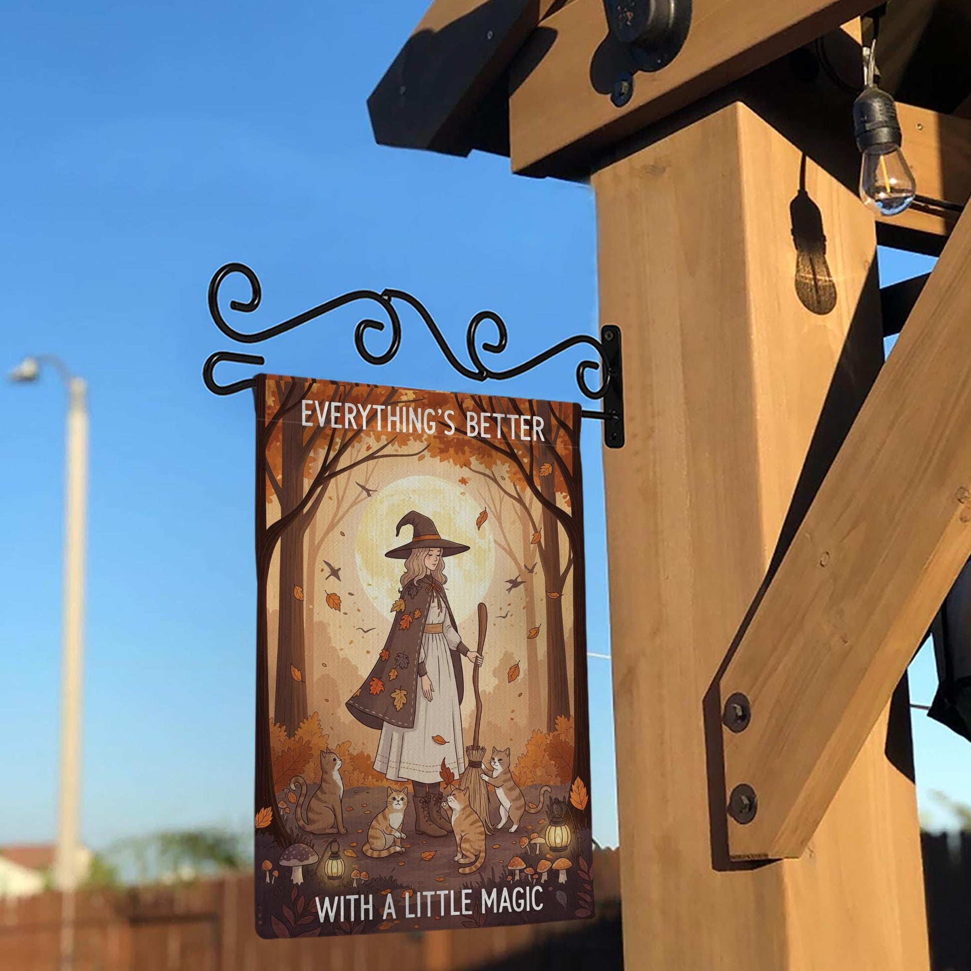 Everything’s Better With a Little Magic Garden Flag, Autumn Witch and Cats Outdoor Yard Decor, Fall Halloween Witchy Flag