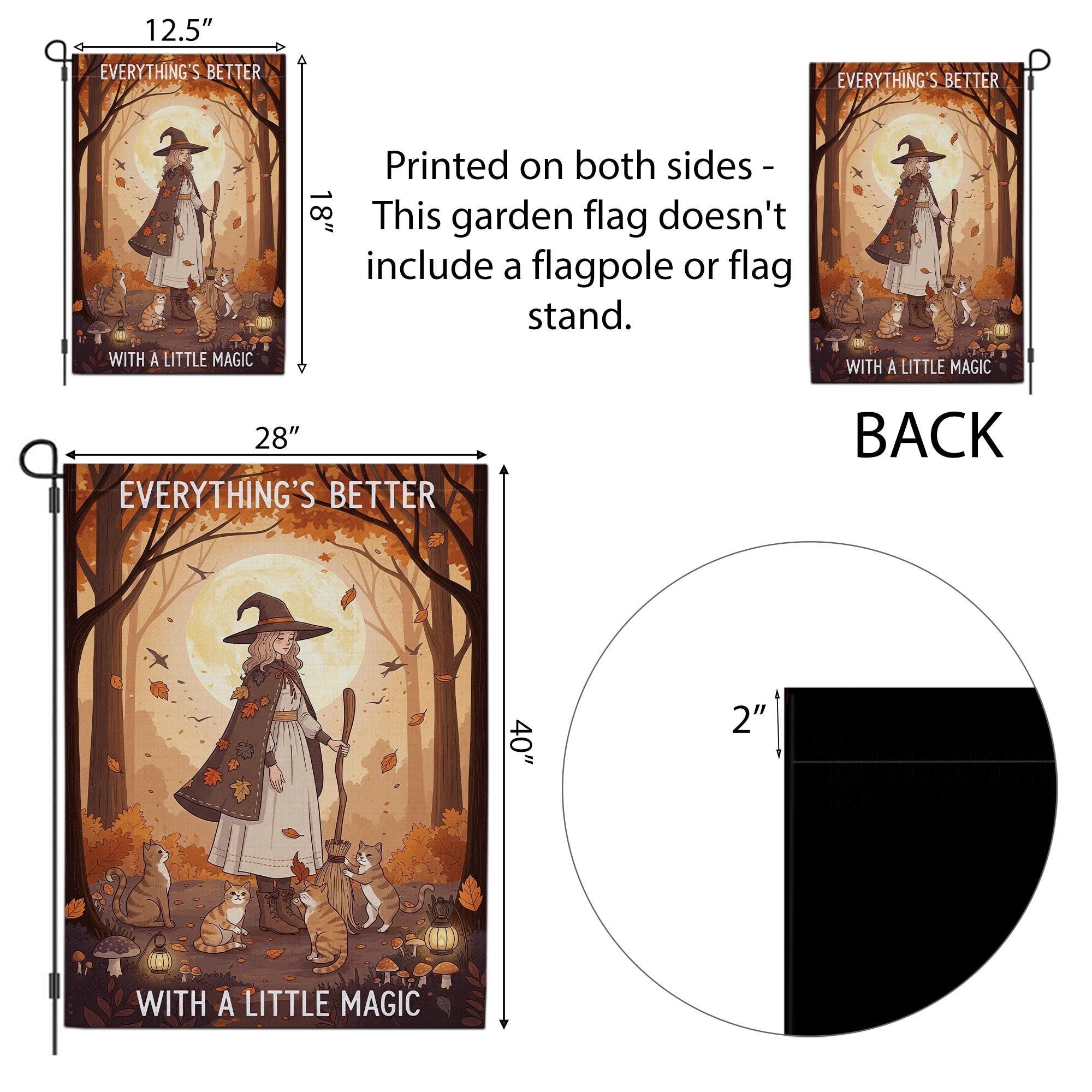 Everything’s Better With a Little Magic Garden Flag, Autumn Witch and Cats Outdoor Yard Decor, Fall Halloween Witchy Flag