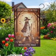 Everything’s Better With a Little Magic Garden Flag, Autumn Witch and Cats Outdoor Yard Decor, Fall Halloween Witchy Flag