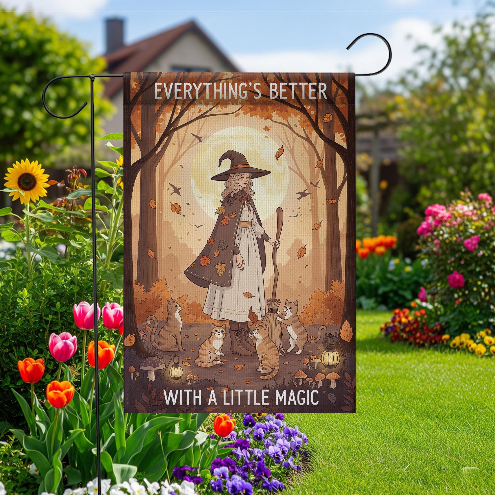 Everything’s Better With a Little Magic Garden Flag, Autumn Witch and Cats Outdoor Yard Decor, Fall Halloween Witchy Flag