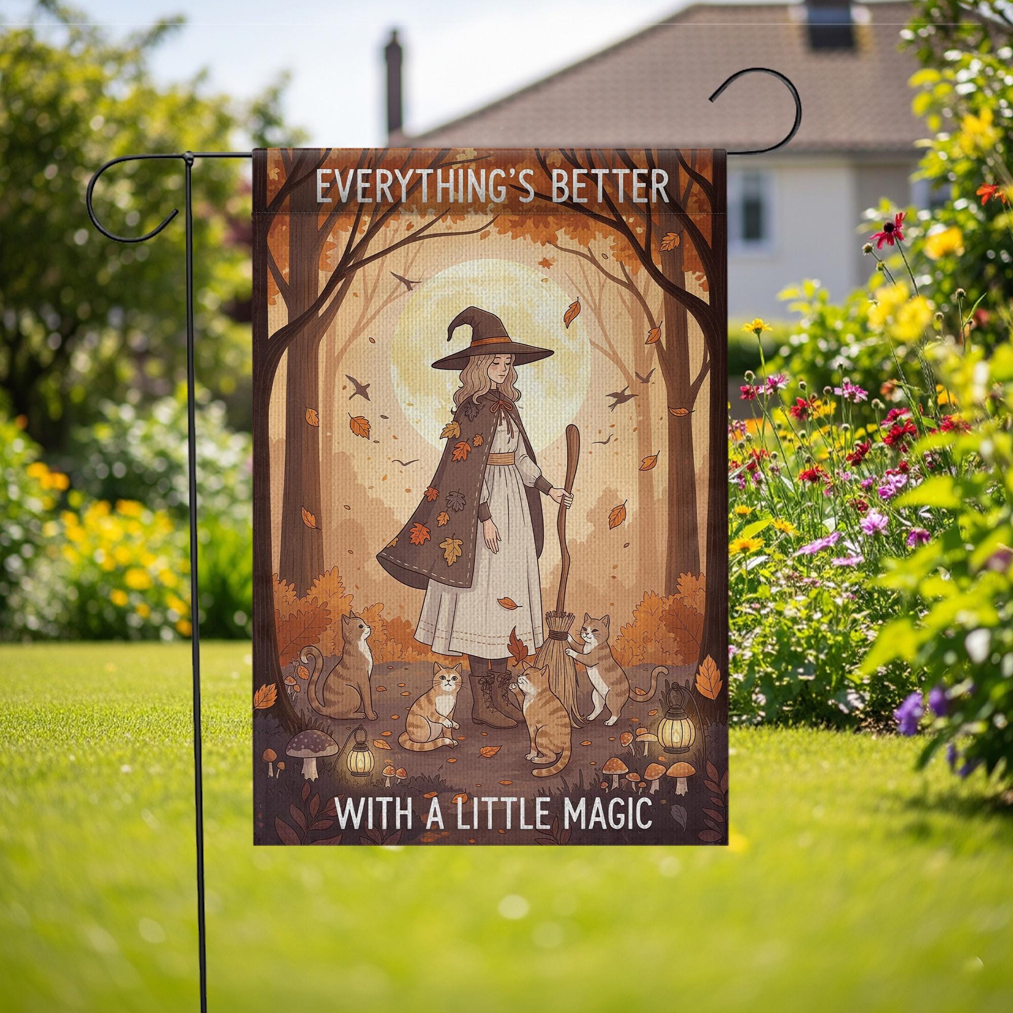 Everything’s Better With a Little Magic Garden Flag, Autumn Witch and Cats Outdoor Yard Decor, Fall Halloween Witchy Flag