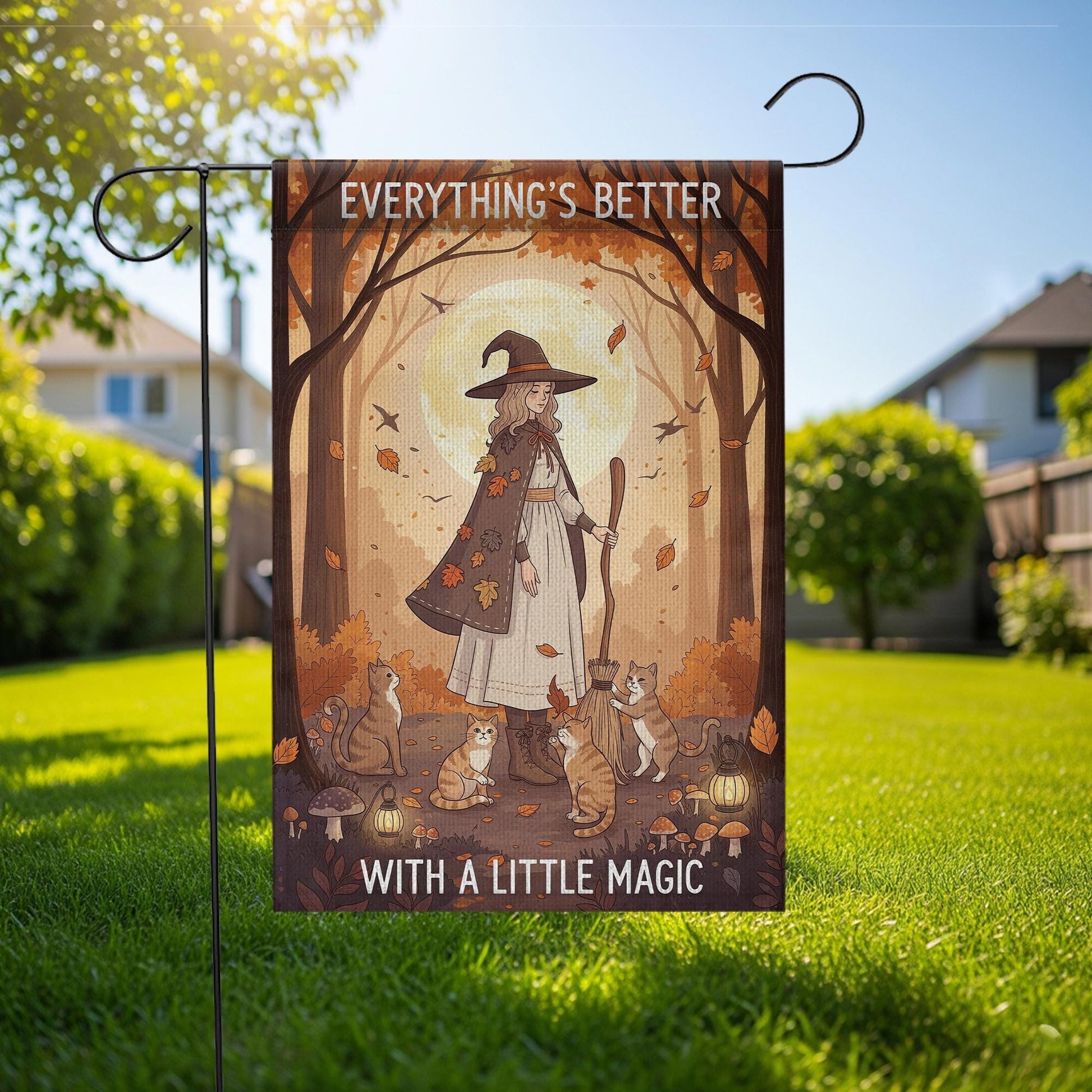 Everything’s Better With a Little Magic Garden Flag, Autumn Witch and Cats Outdoor Yard Decor, Fall Halloween Witchy Flag
