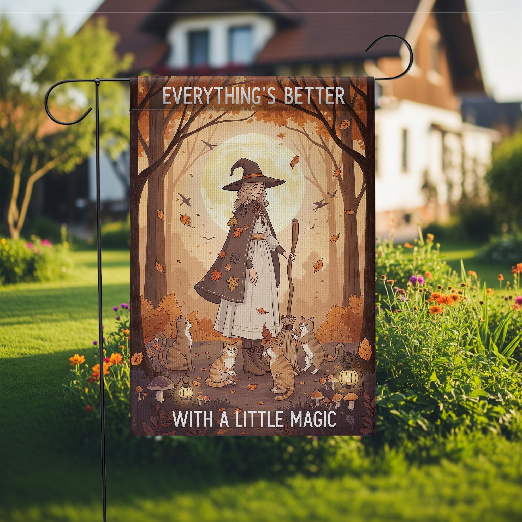 Everything’s Better With a Little Magic Garden Flag, Autumn Witch and Cats Outdoor Yard Decor, Fall Halloween Witchy Flag