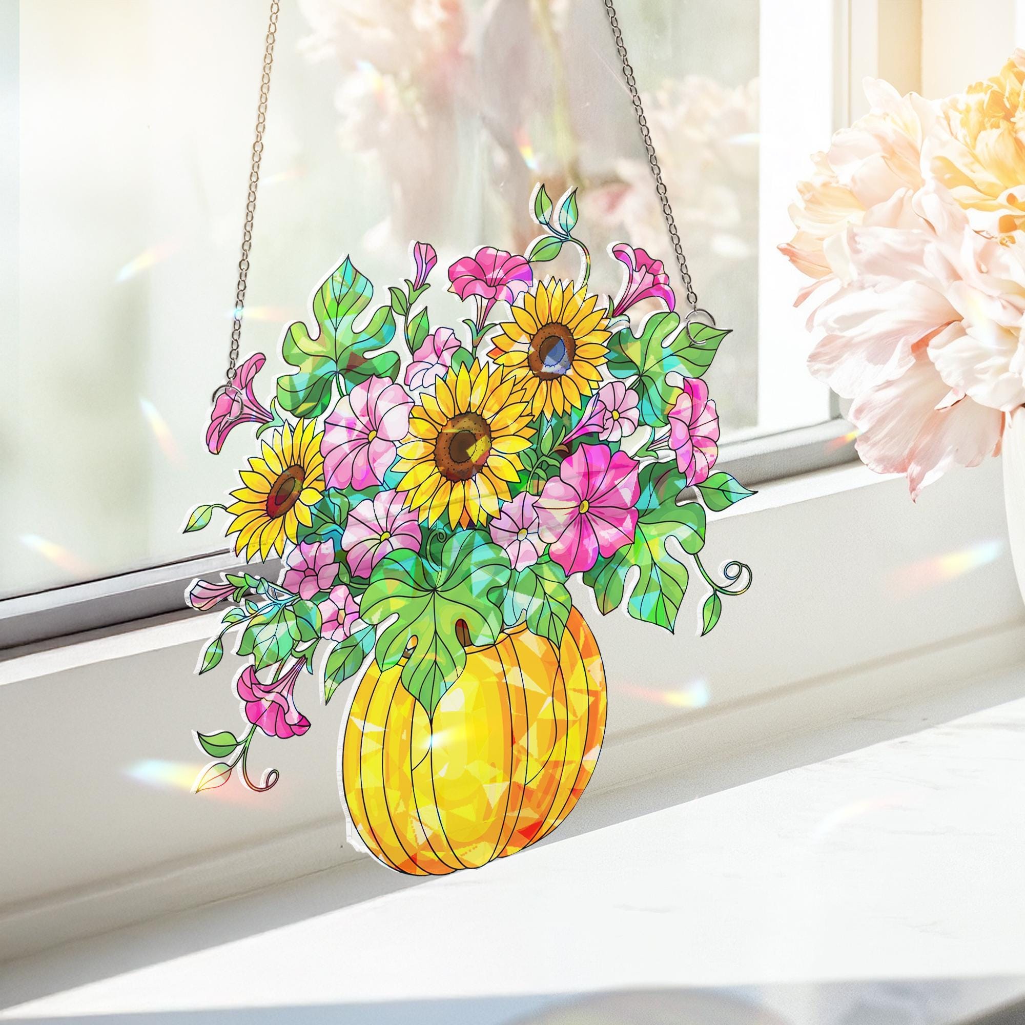Handmade Acrylic Sunflower Pumpkin Suncatcher, Fall Window Decor, Floral Fall Light Catcher, Autumn Gift Home Accent, Home Decor Gift