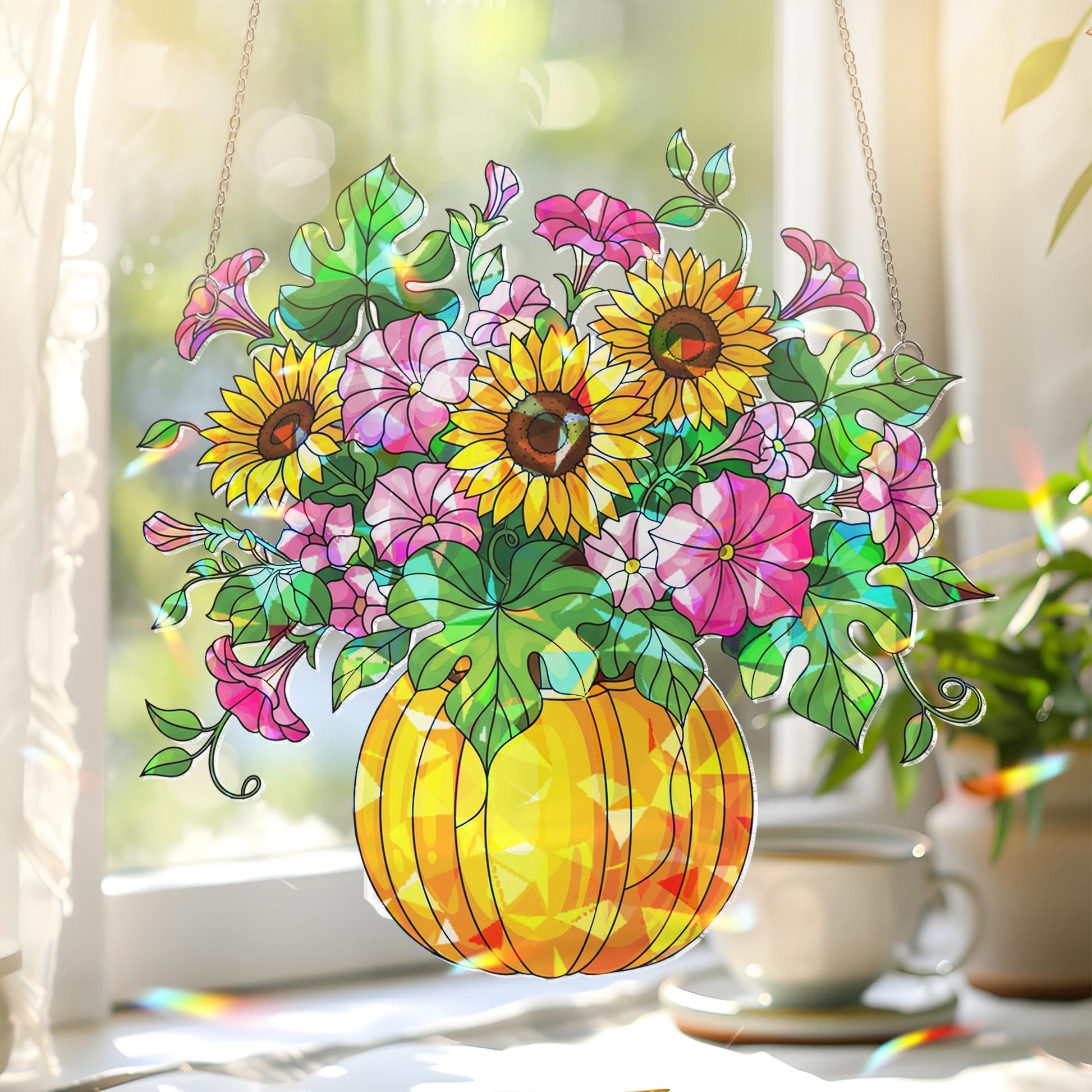 Handmade Acrylic Sunflower Pumpkin Suncatcher, Fall Window Decor, Floral Fall Light Catcher, Autumn Gift Home Accent, Home Decor Gift