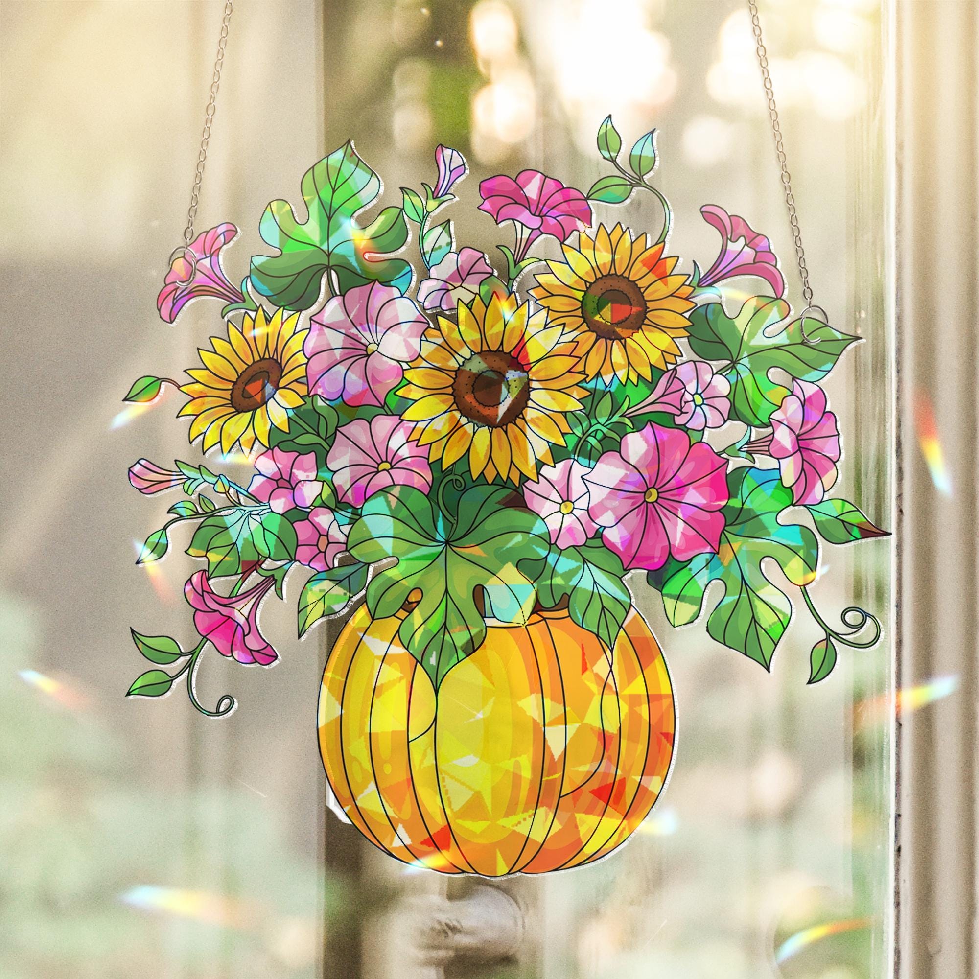 Handmade Acrylic Sunflower Pumpkin Suncatcher, Fall Window Decor, Floral Fall Light Catcher, Autumn Gift Home Accent, Home Decor Gift