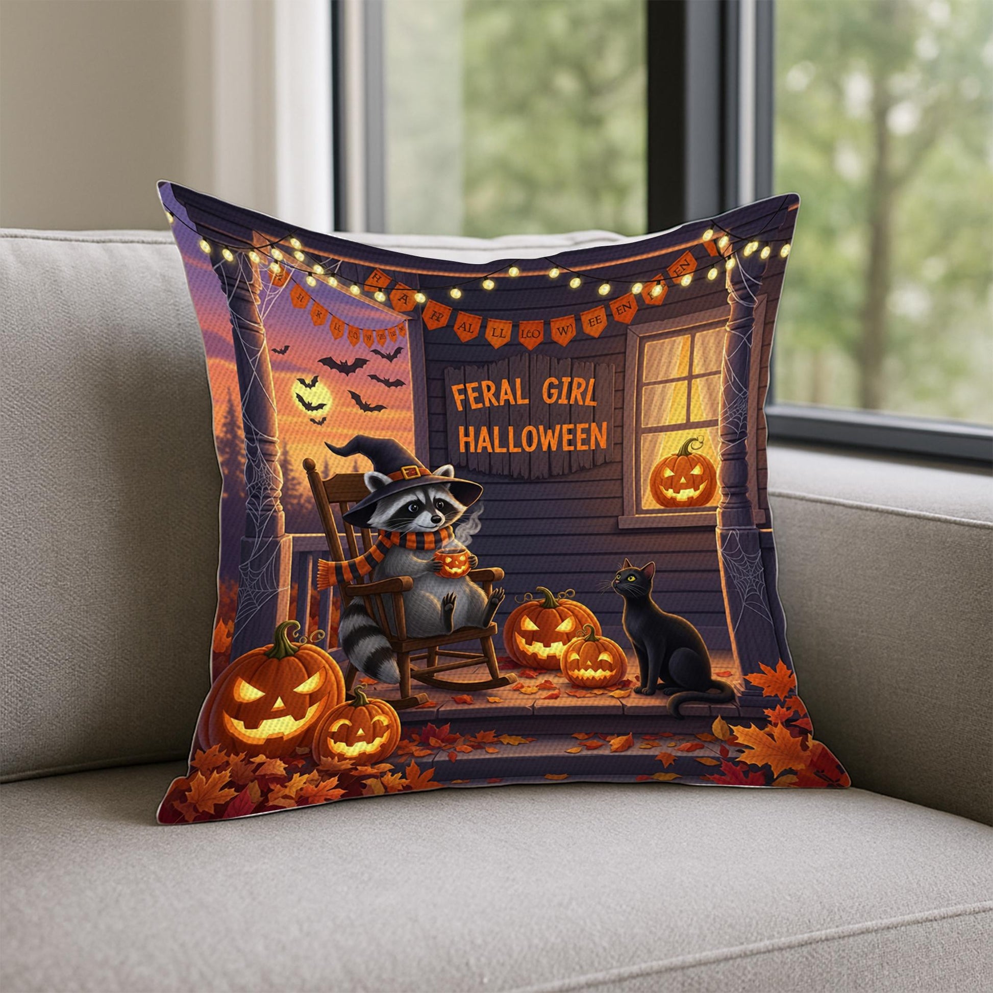 Halloween Raccoon and Black Cat Throw Pillow, Cozy Fall Porch Jack-O-Lantern Cushion, Autumn Pumpkin Decorative Pillow Cover