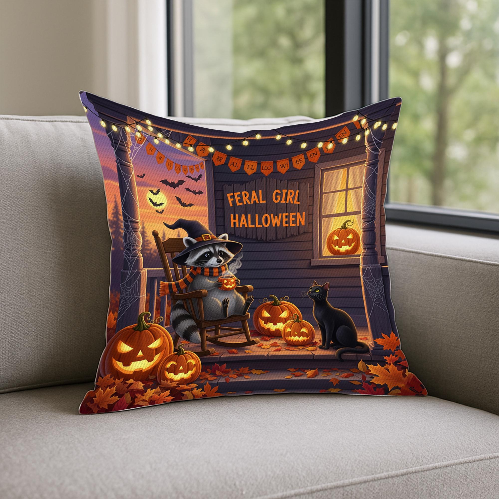 Halloween Raccoon and Black Cat Throw Pillow, Cozy Fall Porch Jack-O-Lantern Cushion, Autumn Pumpkin Decorative Pillow Cover