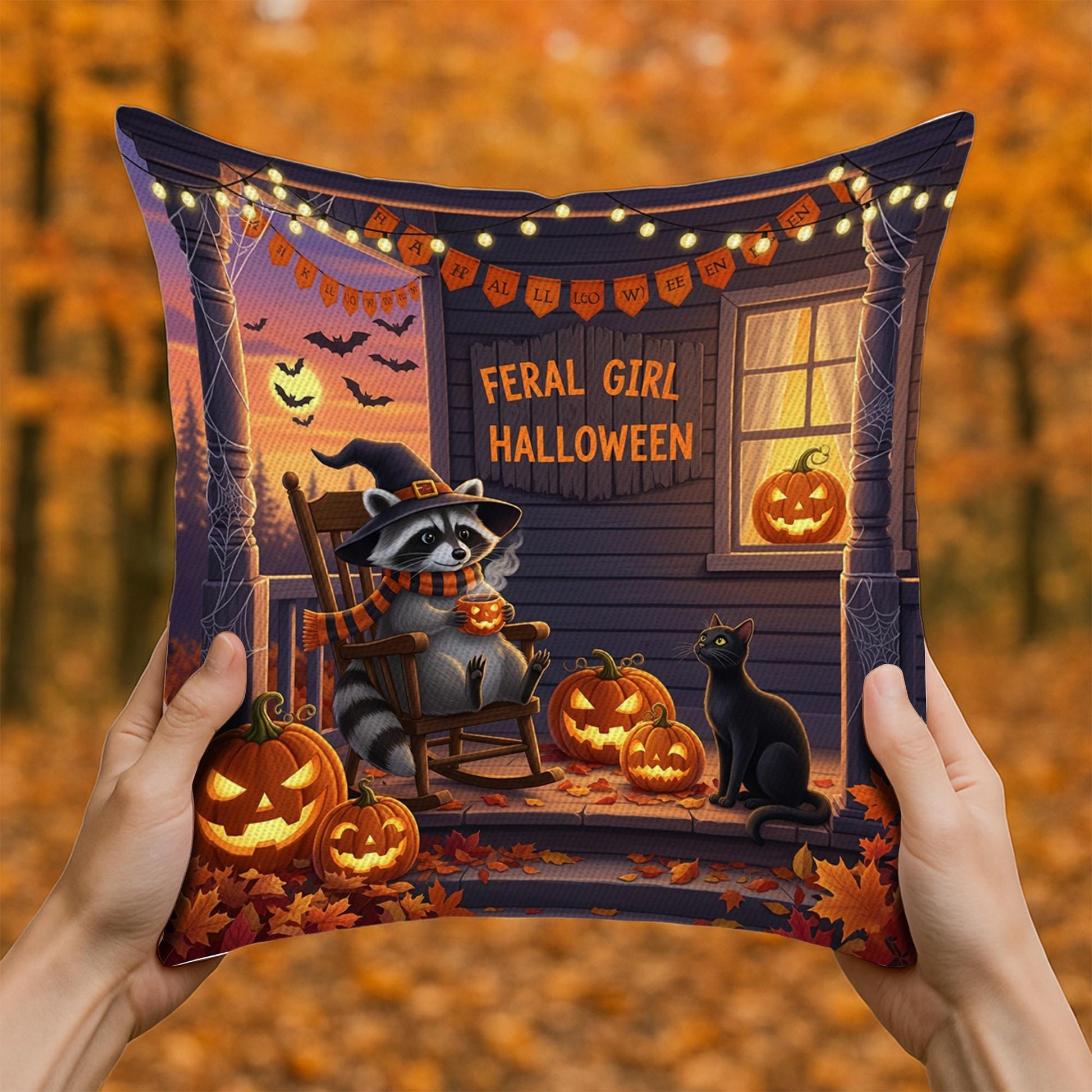 Halloween Raccoon and Black Cat Throw Pillow, Cozy Fall Porch Jack-O-Lantern Cushion, Autumn Pumpkin Decorative Pillow Cover