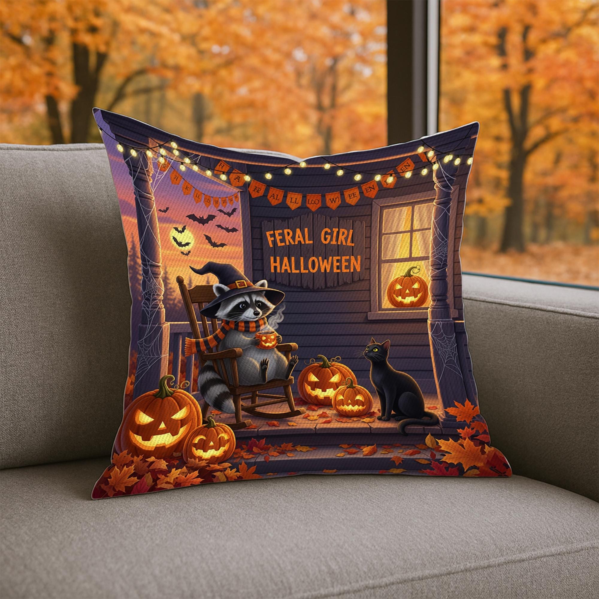 Halloween Raccoon and Black Cat Throw Pillow, Cozy Fall Porch Jack-O-Lantern Cushion, Autumn Pumpkin Decorative Pillow Cover