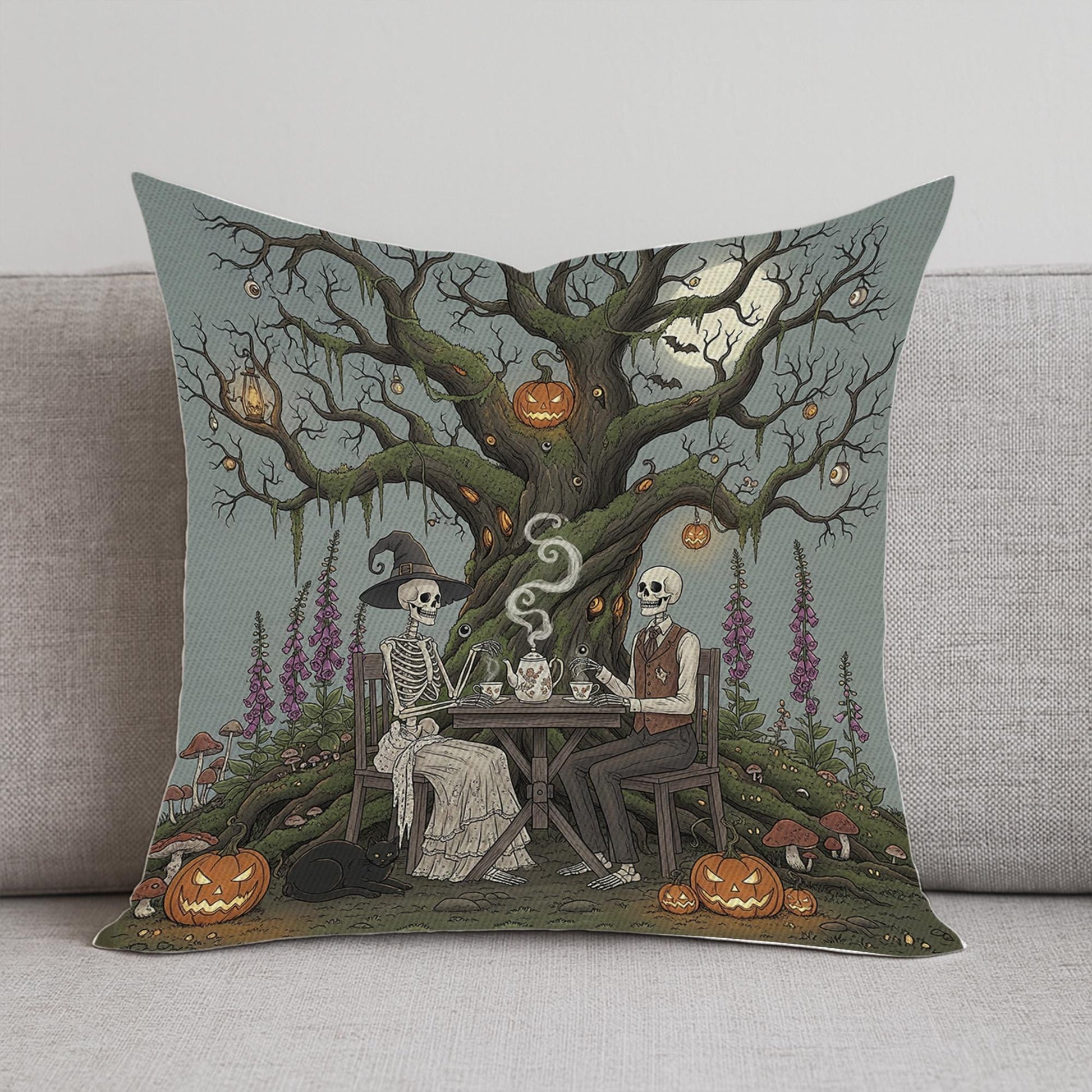 Skeleton Tea Party Halloween Pillow, Gothic Spooky Pumpkin Cushion Cover, Vintage Haunted Tree Decorative Throw Pillow