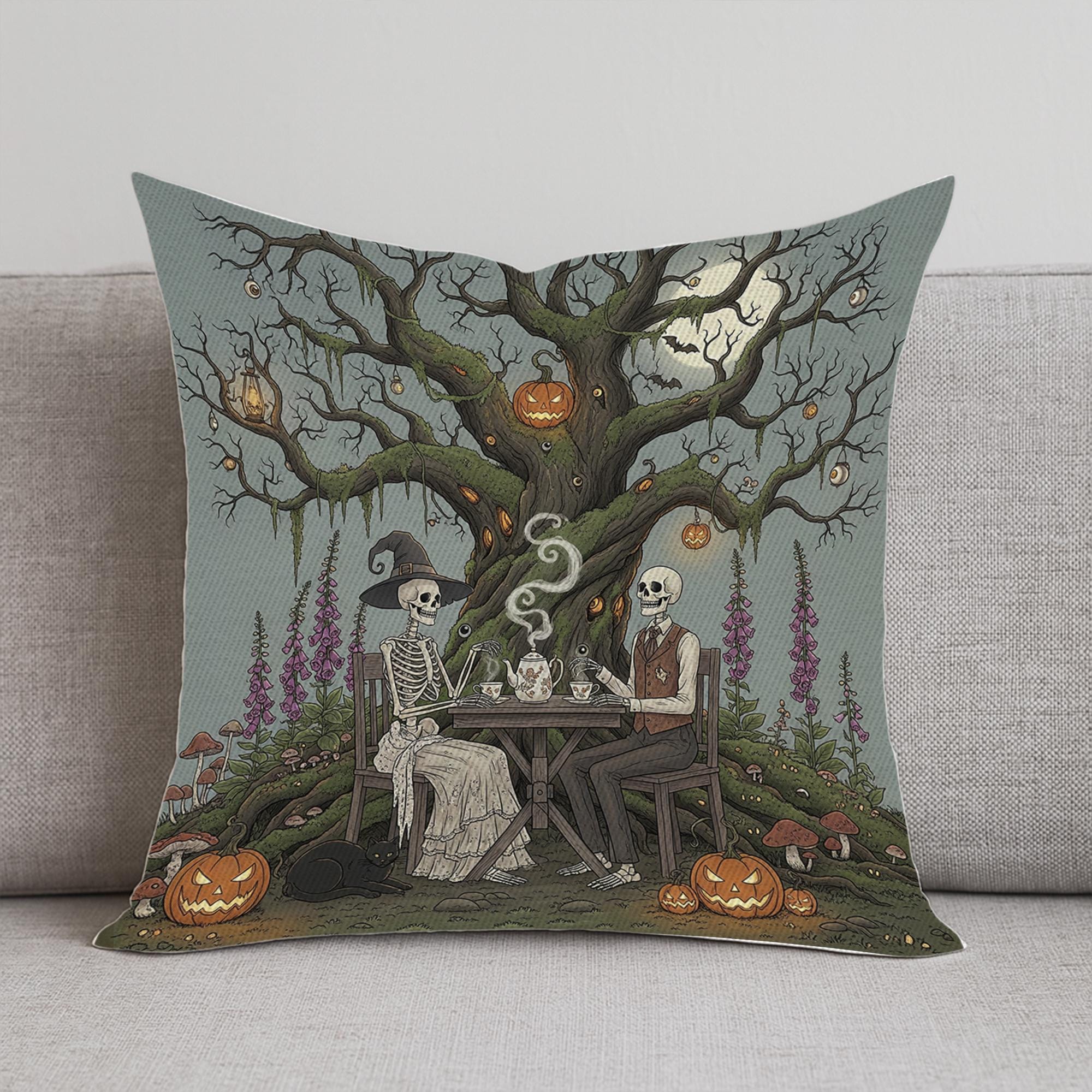 Skeleton Tea Party Halloween Pillow, Gothic Spooky Pumpkin Cushion Cover, Vintage Haunted Tree Decorative Throw Pillow