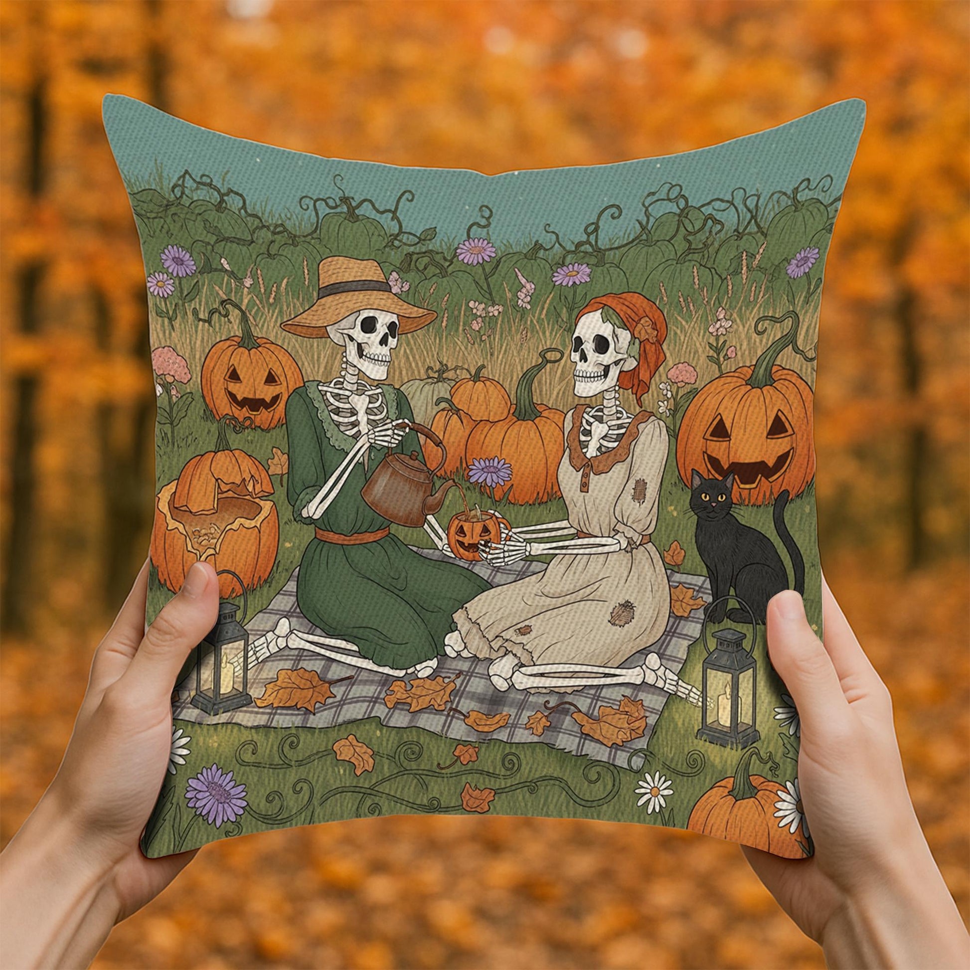 Skeleton Pumpkin Carving Pillow, Gothic Halloween Throw Cushion Cover, Autumn Black Cat and Jack-O’-Lantern Decorative Pillow