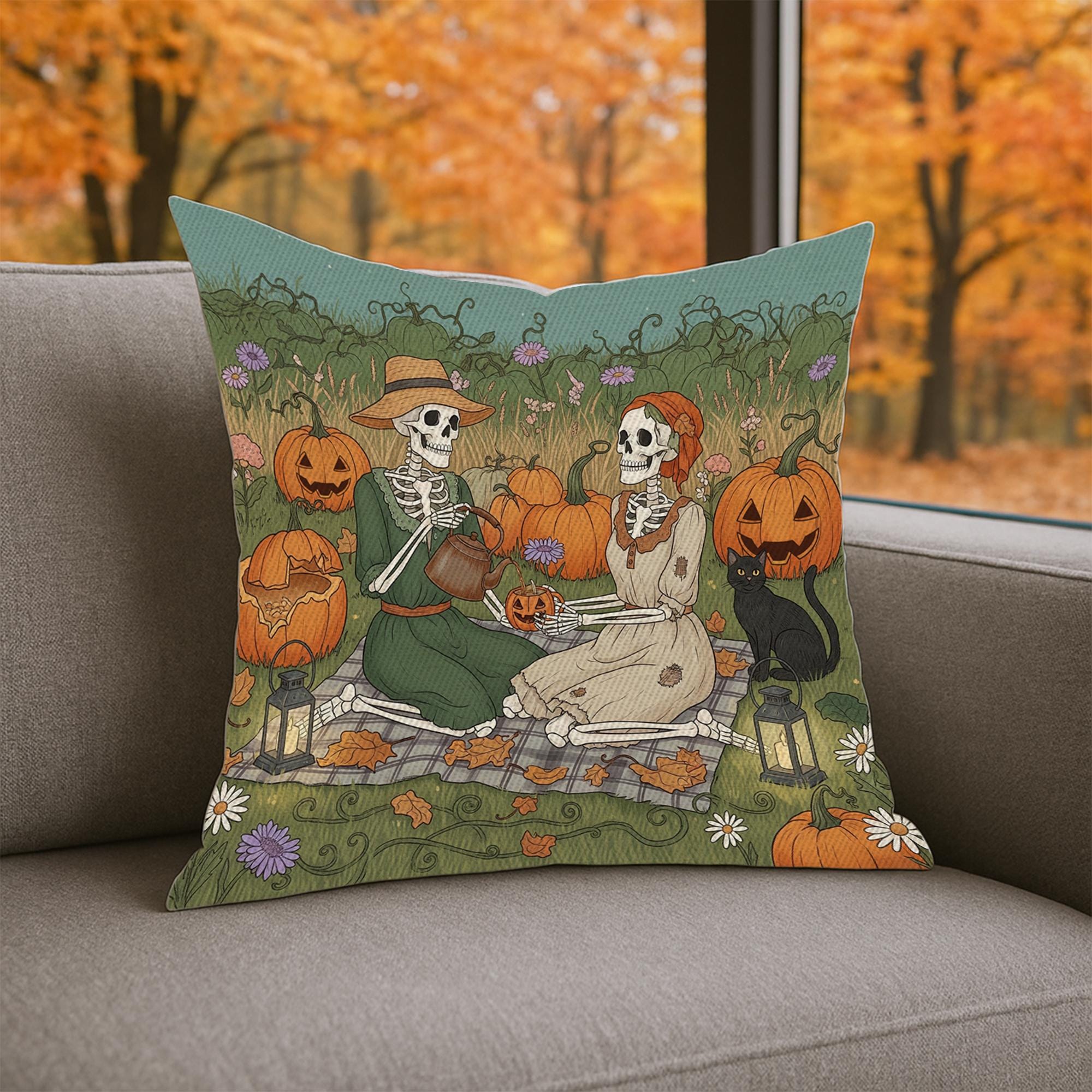 Skeleton Pumpkin Carving Pillow, Gothic Halloween Throw Cushion Cover, Autumn Black Cat and Jack-O’-Lantern Decorative Pillow