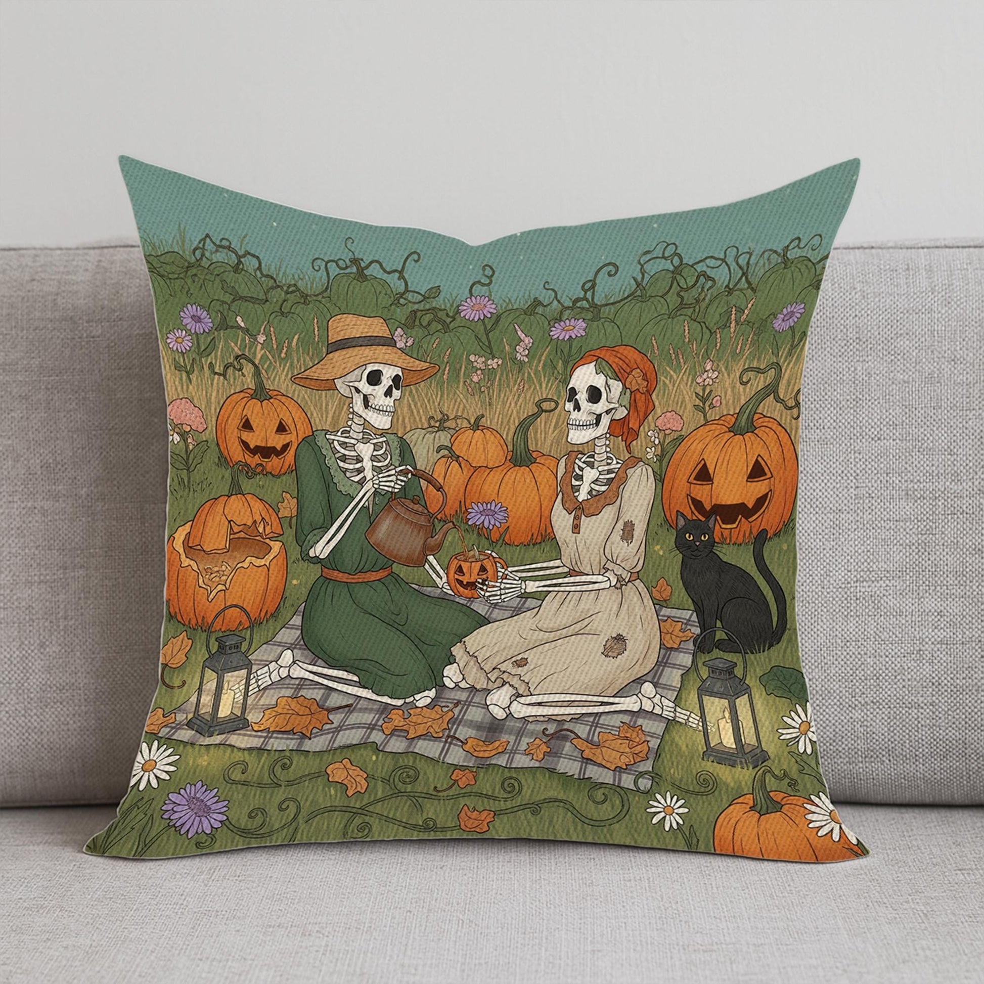 Skeleton Pumpkin Carving Pillow, Gothic Halloween Throw Cushion Cover, Autumn Black Cat and Jack-O’-Lantern Decorative Pillow